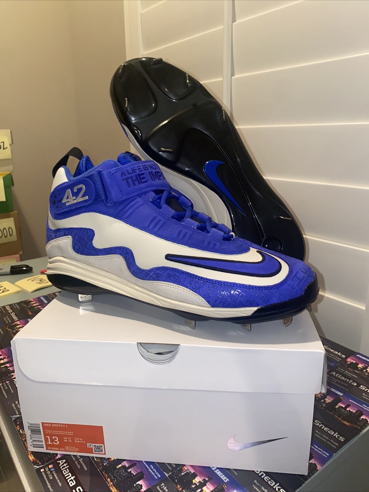 NIKE GRIFFEY AIR MAX 1 42 JACKIE ROBINSON DAY BASEBALL CLEATS PE BLUE  MENS 13