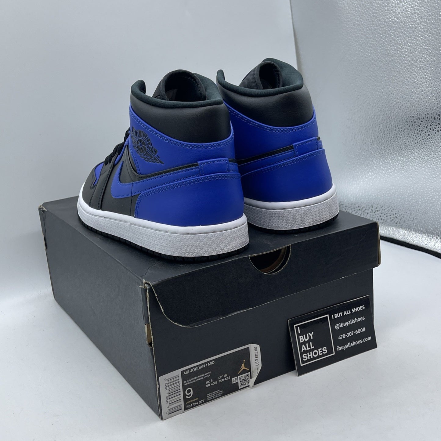 Size 9 - Jordan 1 Mid Hyper Royal Black Blue Leather (554724-077)