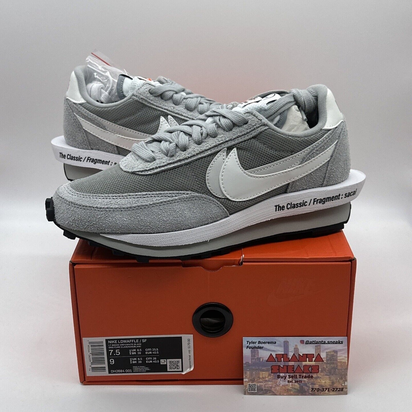 Size 7.5 - Nike LDV Waffle x Fragment Design x Sacai Gray New Suede & Jersey Wht