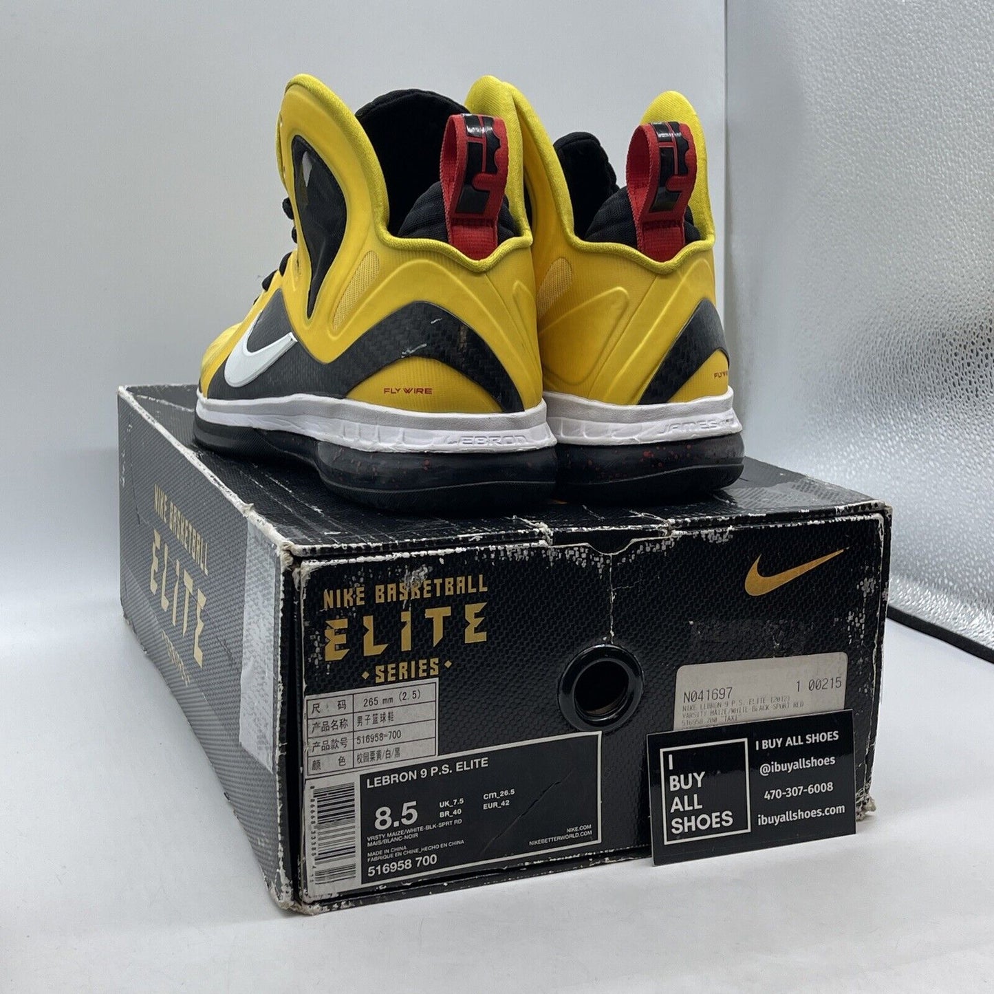 Size 8.5 - Nike LeBron 9 P.S. Elite Taxi Yellow White Red Black (516958-700)