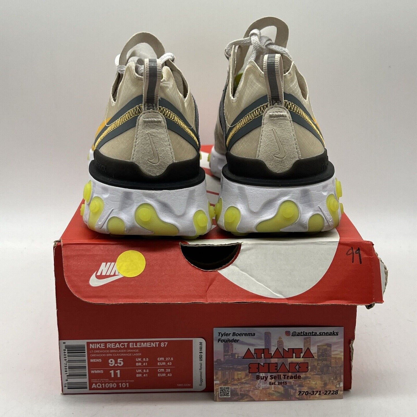 Size 9.5 - Nike React Element 87 Light Orewood White Black Green