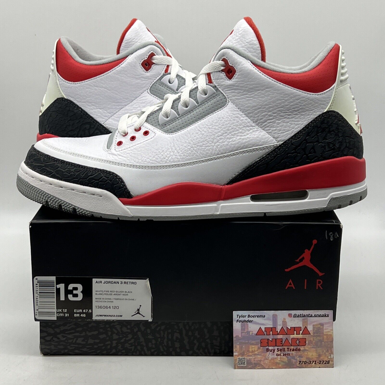 Size 13 - Air Jordan 3 Retro 2013 Fire Red White Black Leather  (136064-120)