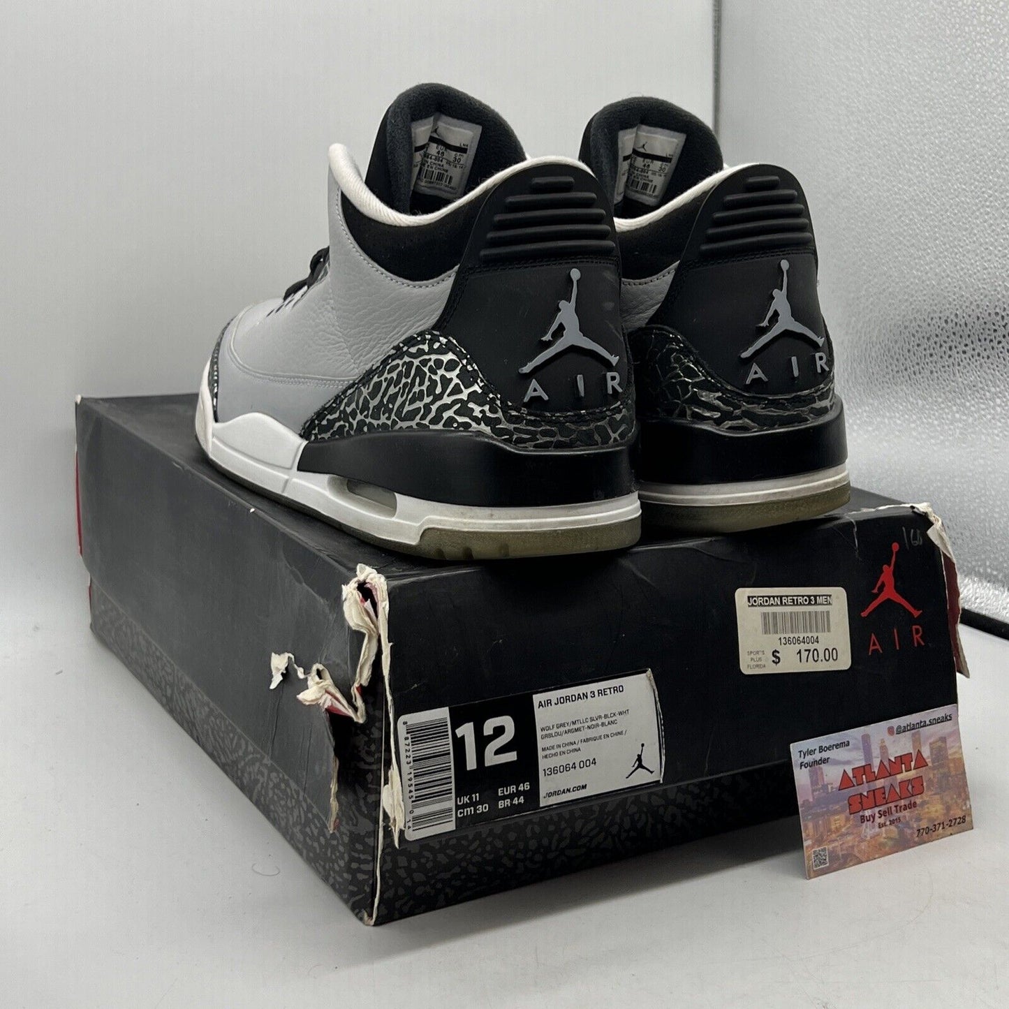 Size 12 - Air Jordan 3 Retro Wolf Grey Black Leather White (136064-004)