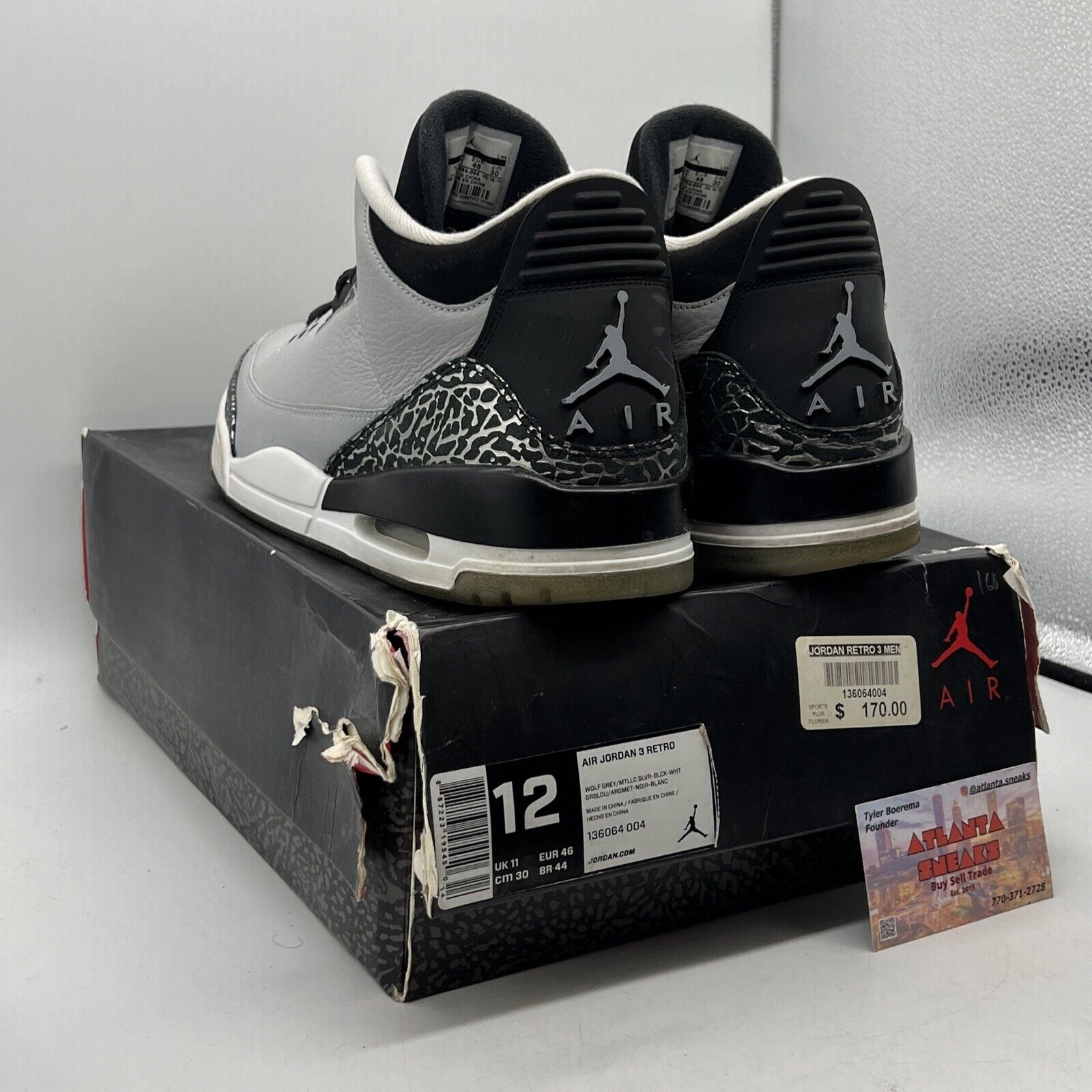 Size 12 - Air Jordan 3 Retro Wolf Grey Black Leather White (136064-004)