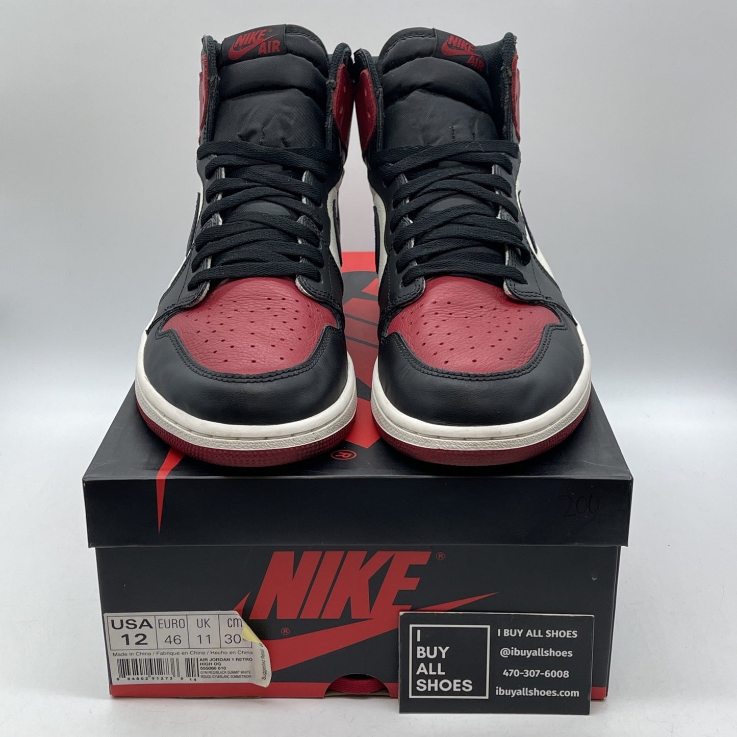 Size 12 - Jordan 1 Retro OG High Bred Toe Black Red Leather (555088-610)