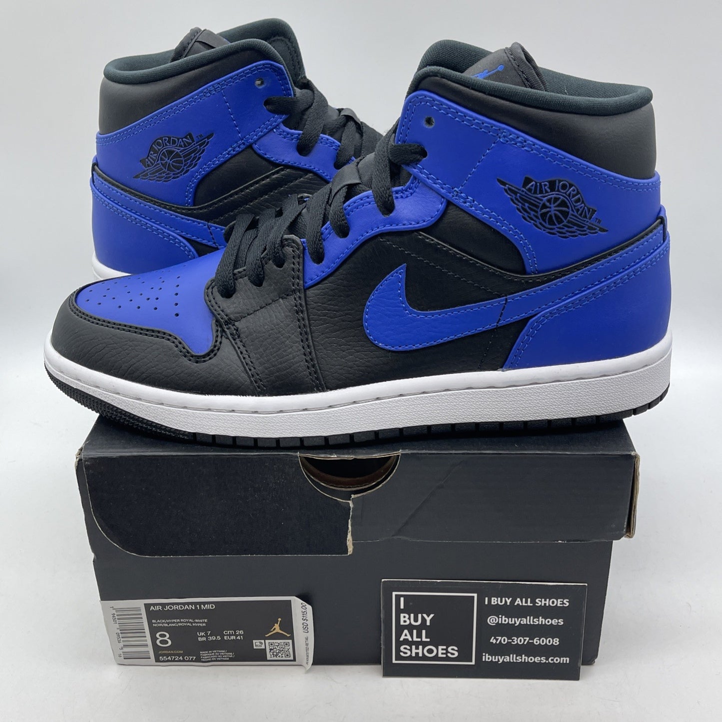Size 8 - Jordan 1 Mid Hyper Royal Black Blue Leather (554724-077)