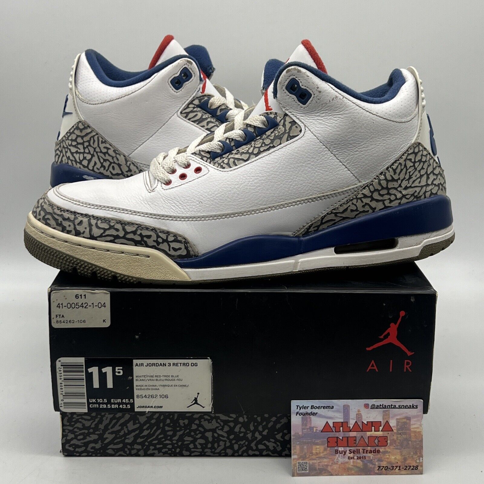 Size 11.5 - Jordan 3 Retro OG Mid True Blue White Blue Red Leather Used