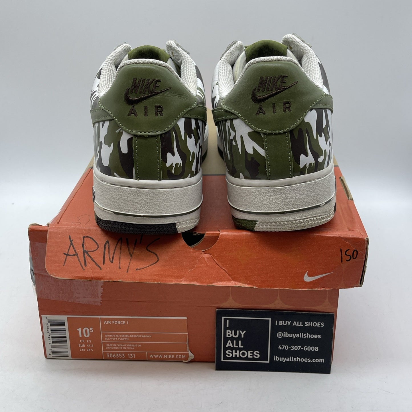 Size 10.5 - Nike Air Force 1 Camo White Green Leather (306353-131)