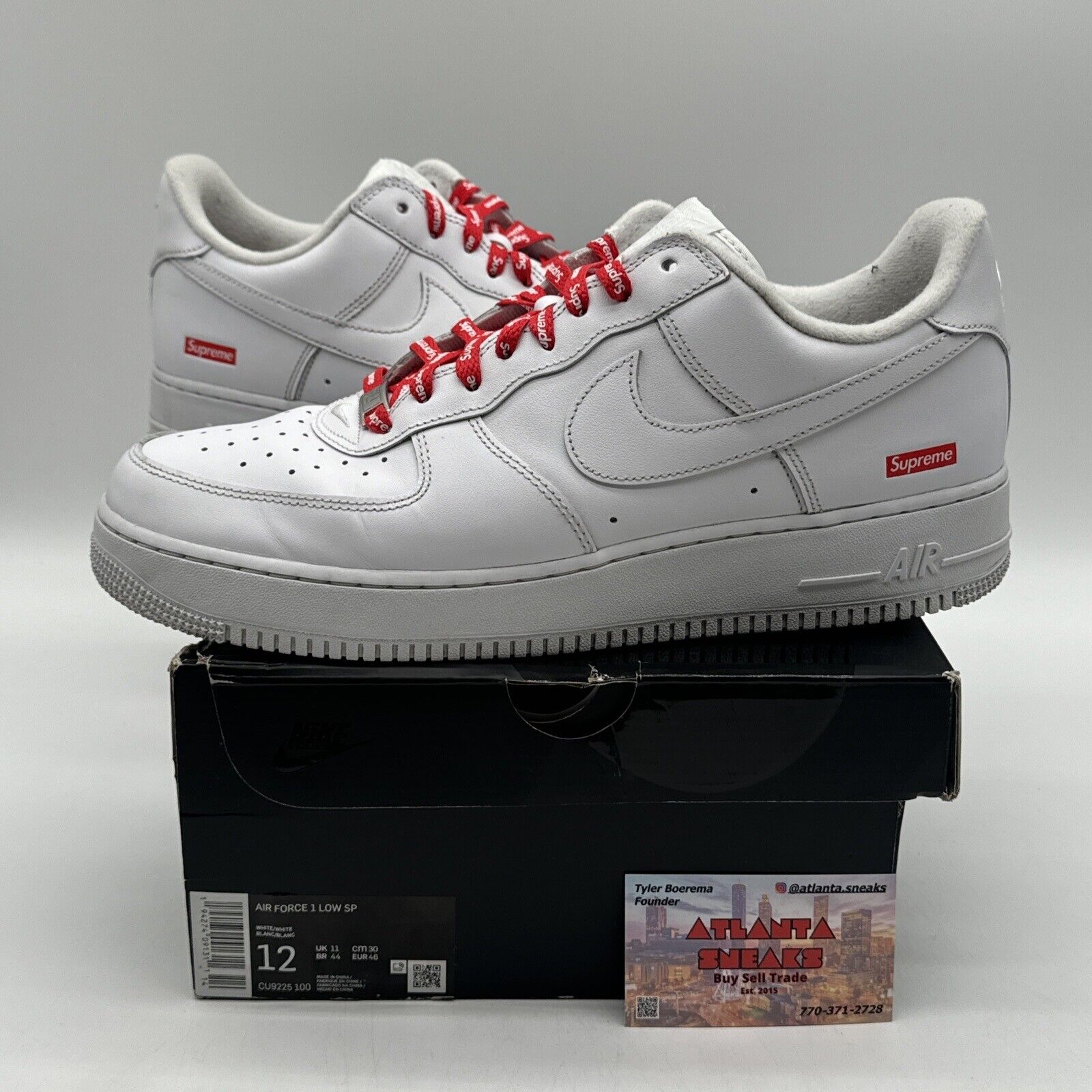 Size 12 - Nike Air Force 1 x Supreme Low Box Logo - White Red Leather OG All