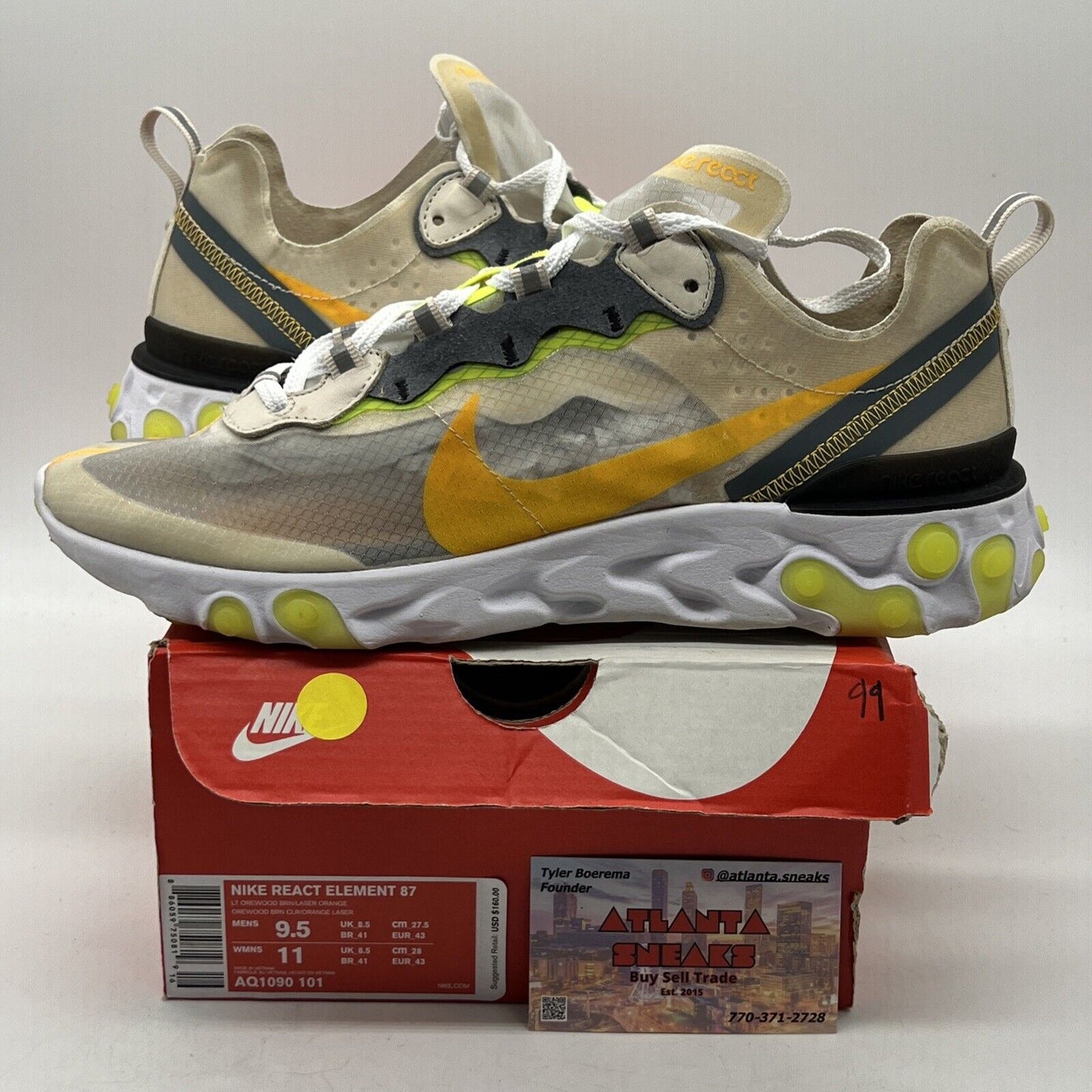 Size 9.5 - Nike React Element 87 Light Orewood White Black Green