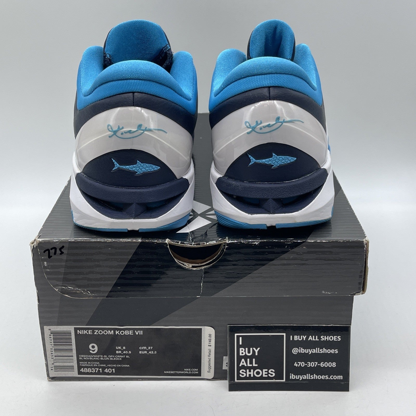 Size 9 - Nike Zoom Kobe 7 System Shark Blue White Leather (488371-401)