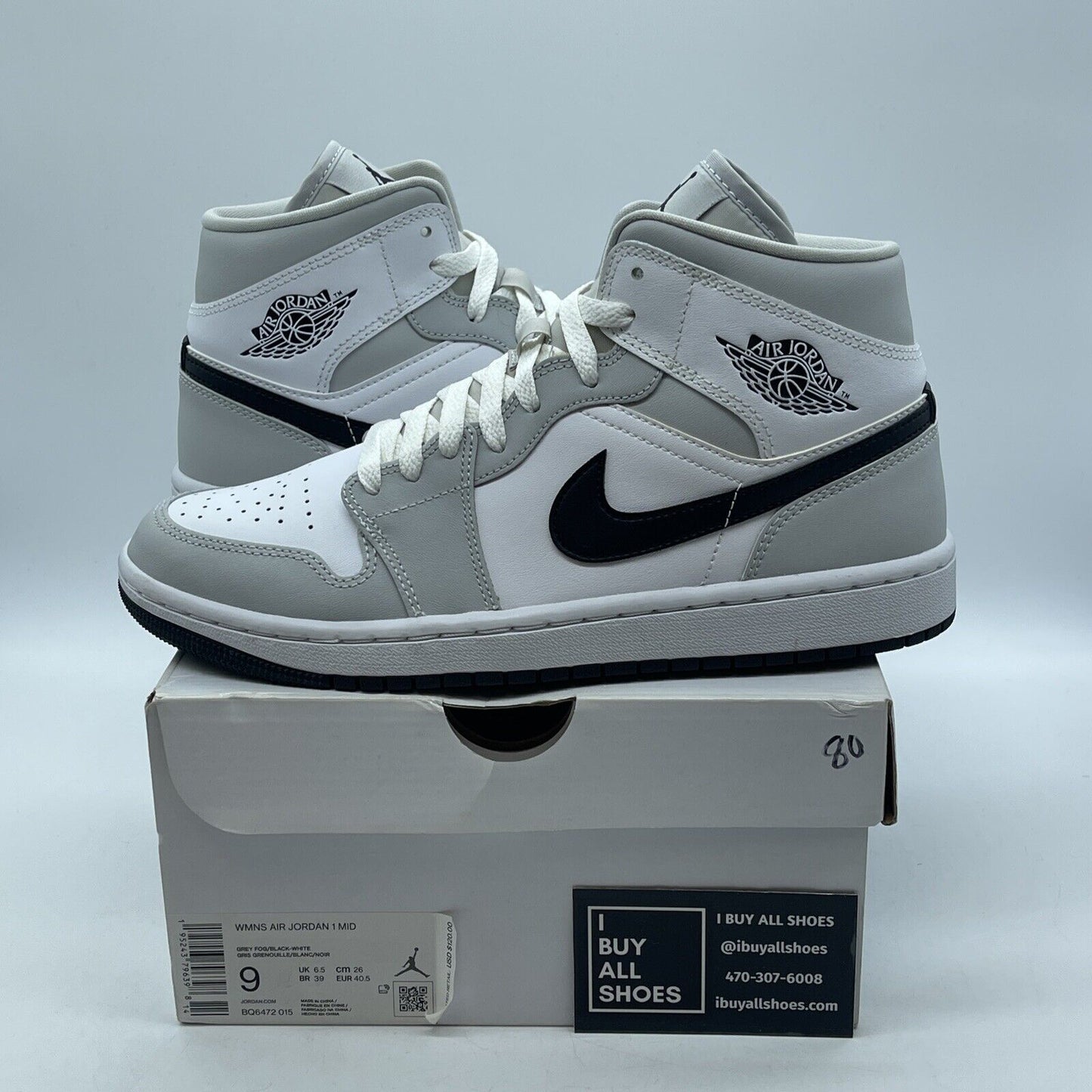Size 9W - Air Jordan 1 Mid Grey Fog Black White Leather (BQ6472-015)