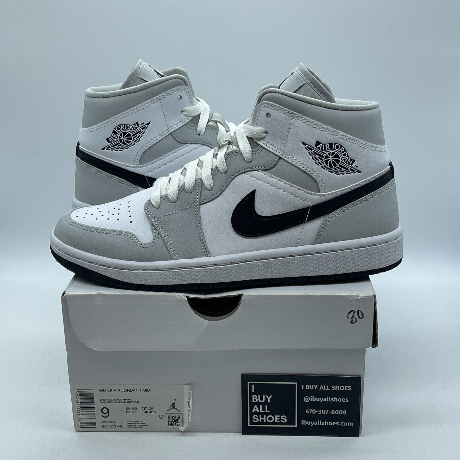 Size 9W - Air Jordan 1 Mid Grey Fog Black White Leather (BQ6472-015)