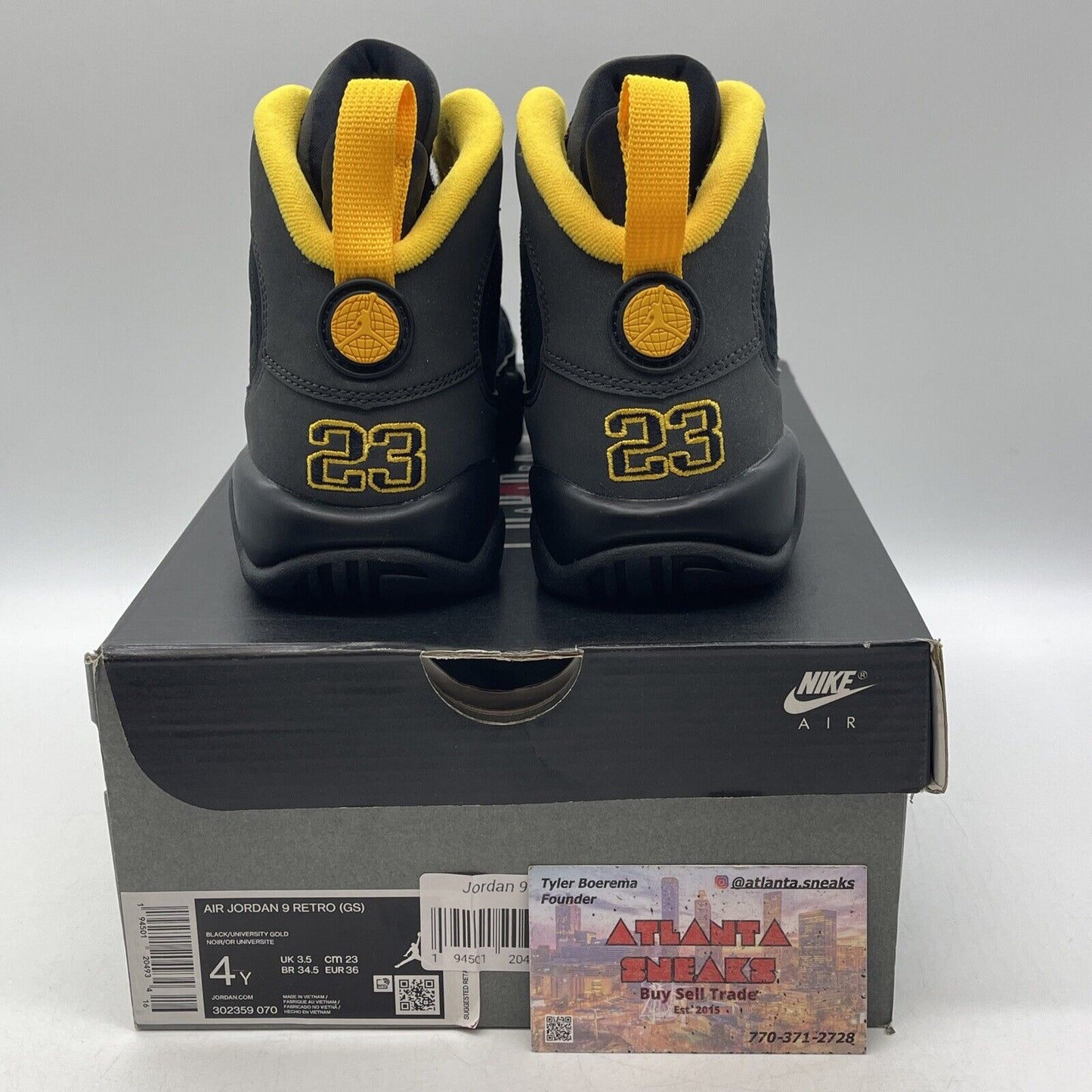 Size 4Y(GS) - Jordan 9 Retro Mid Dark Charcoal University Gold (302359-070)