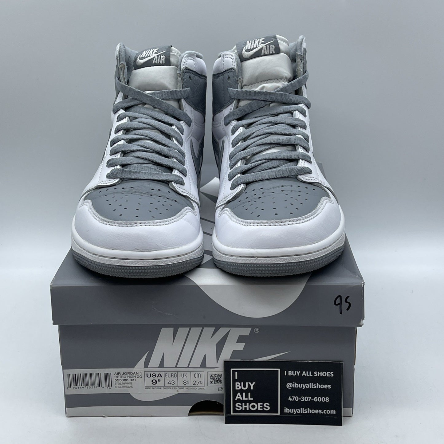 Size 9.5 - Jordan 1 Retro High OG Stealth Grey White Leather (555088-037)