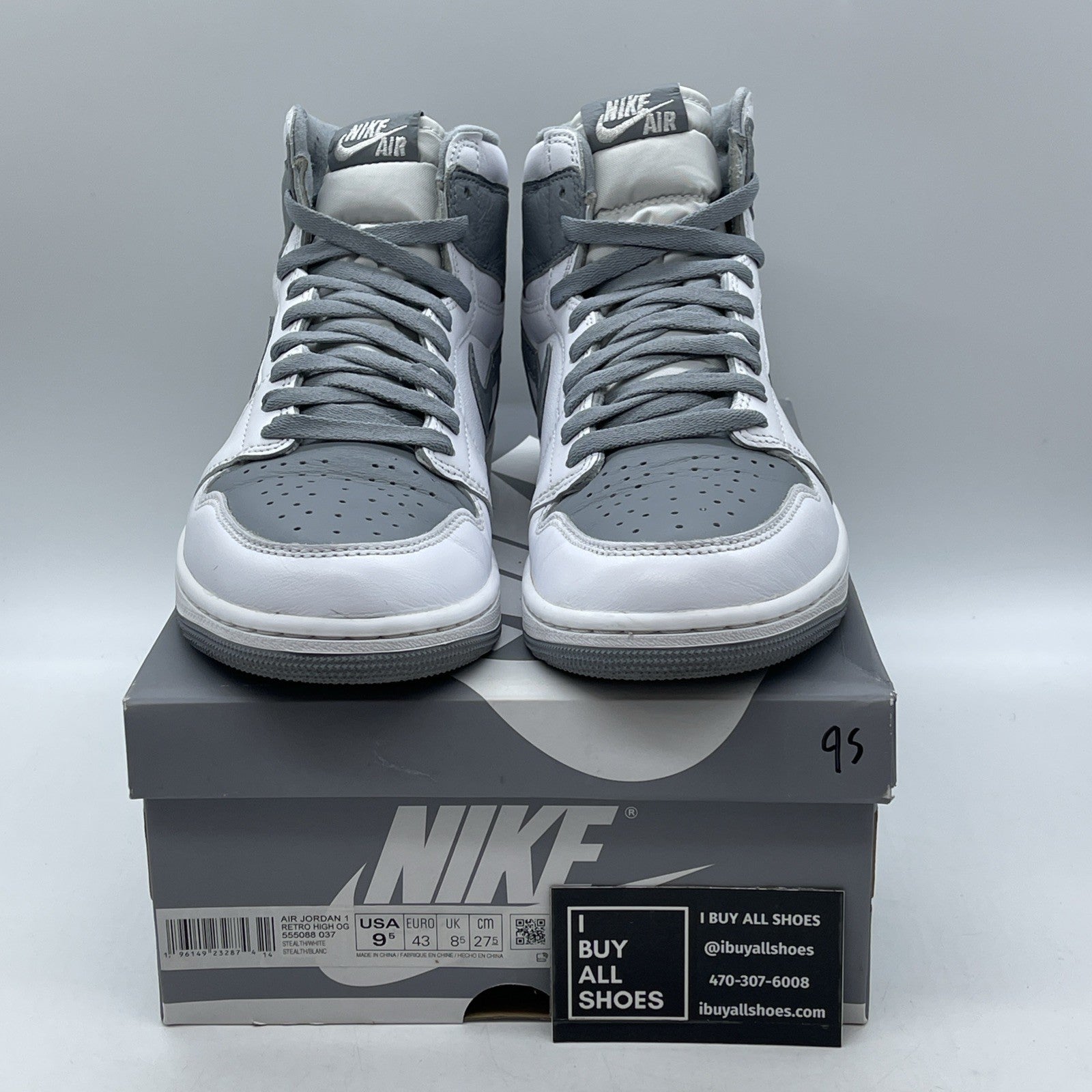Size 9.5 - Jordan 1 Retro High OG Stealth Grey White Leather (555088-037)