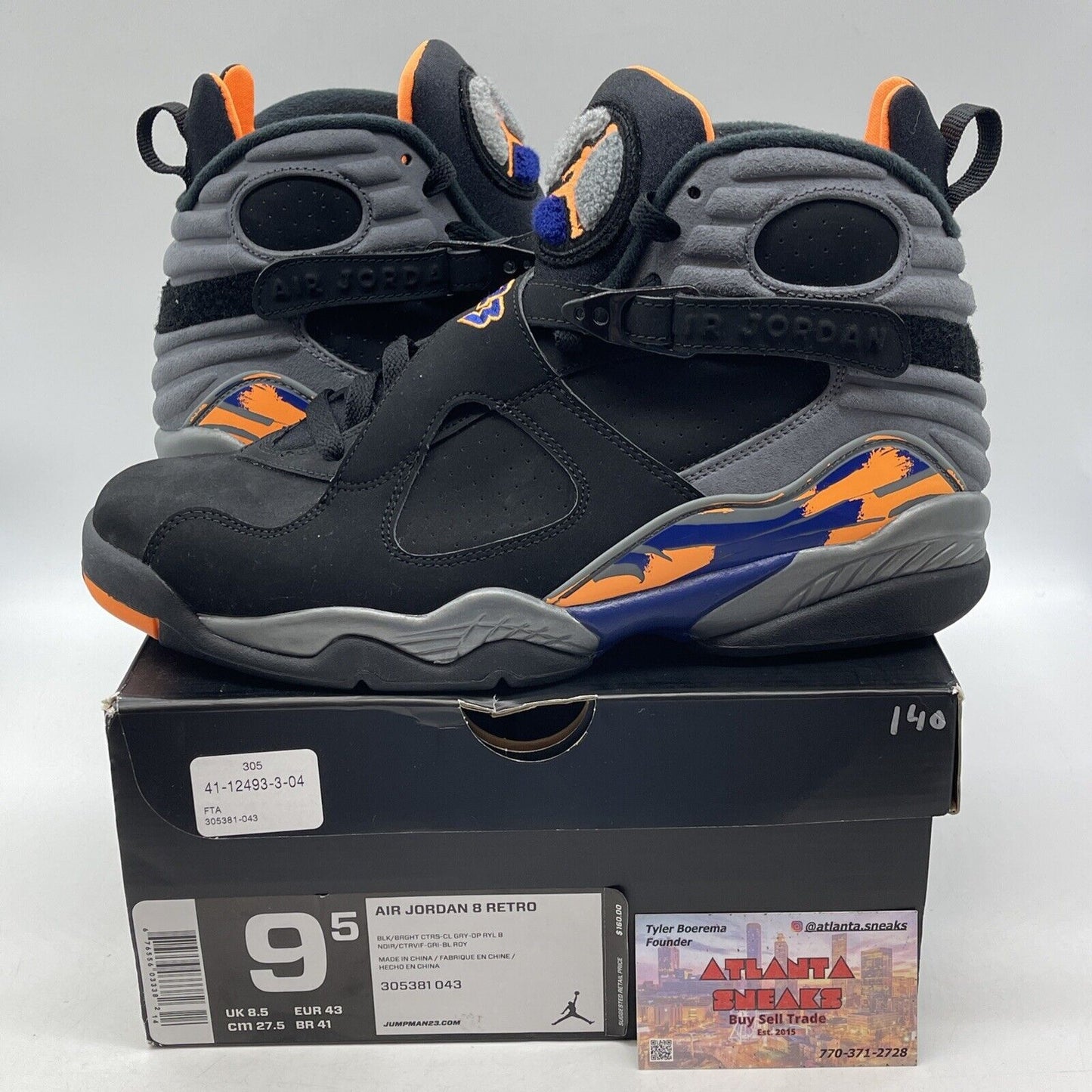 Size 9.5 - Air Jordan 8 Retro Phoenix Suns Black Orange Blue Suede (305381-043)