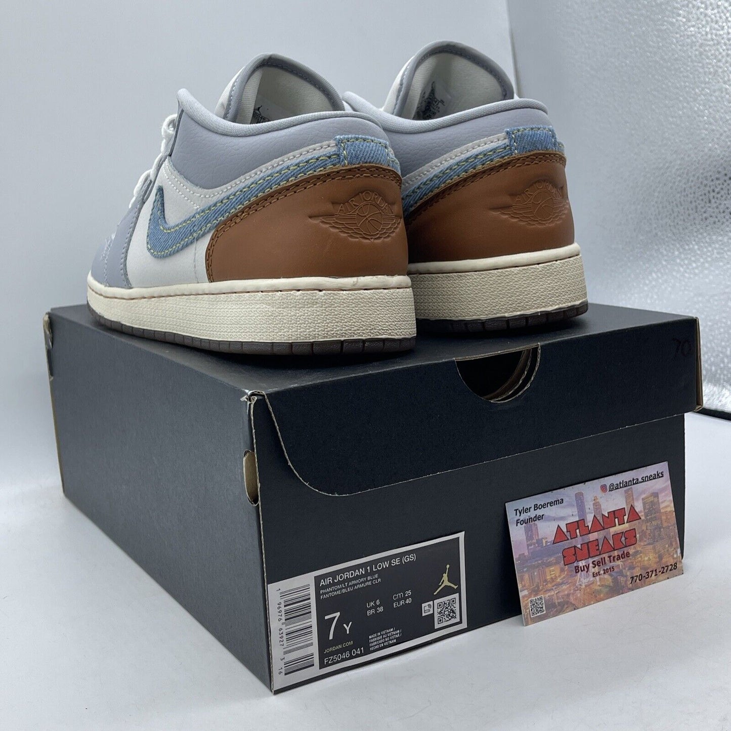 Size 7Y - Air Jordan 1 SE Low Repaired Denim Swoosh Suede Leather (FZ5046-041)