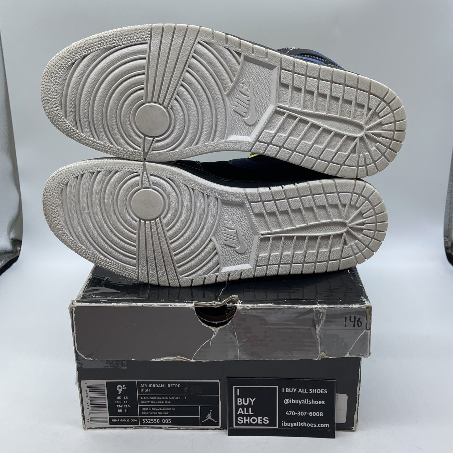 Size 9.5 - Air Jordan 1 Retro High Black Cyber Green Blue Suede (332550-005)