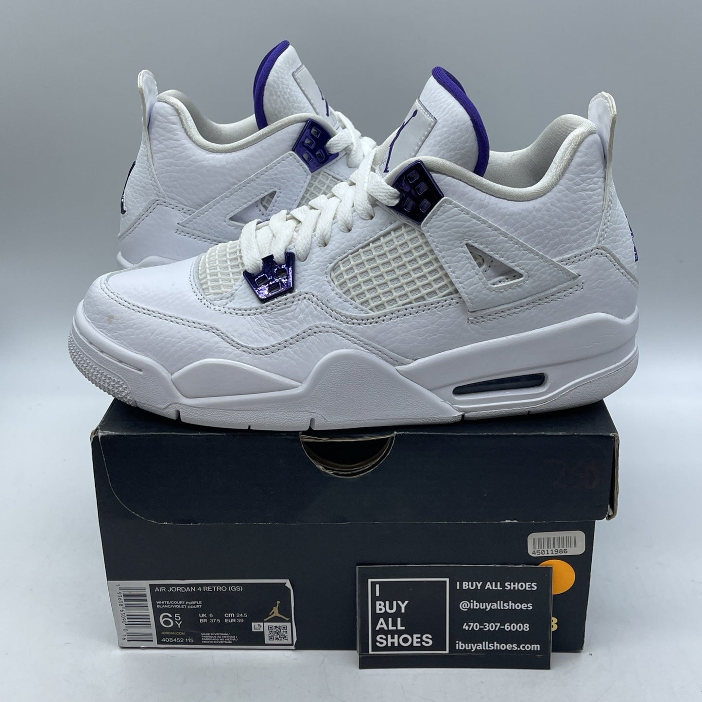 Size 6.5Y (GS) - Jordan 4 Retro Low Purple Metallic White Leather (408452-115)