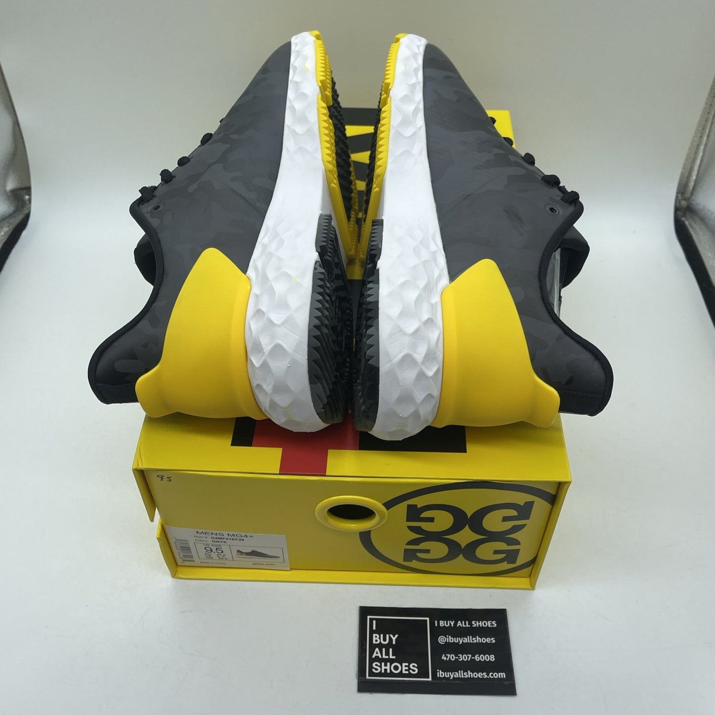 Size 9.5 - G/FORE G4 MG4+ Onyx Camo Golf Shoes Yellow Black Leather (G4MF21EF29)