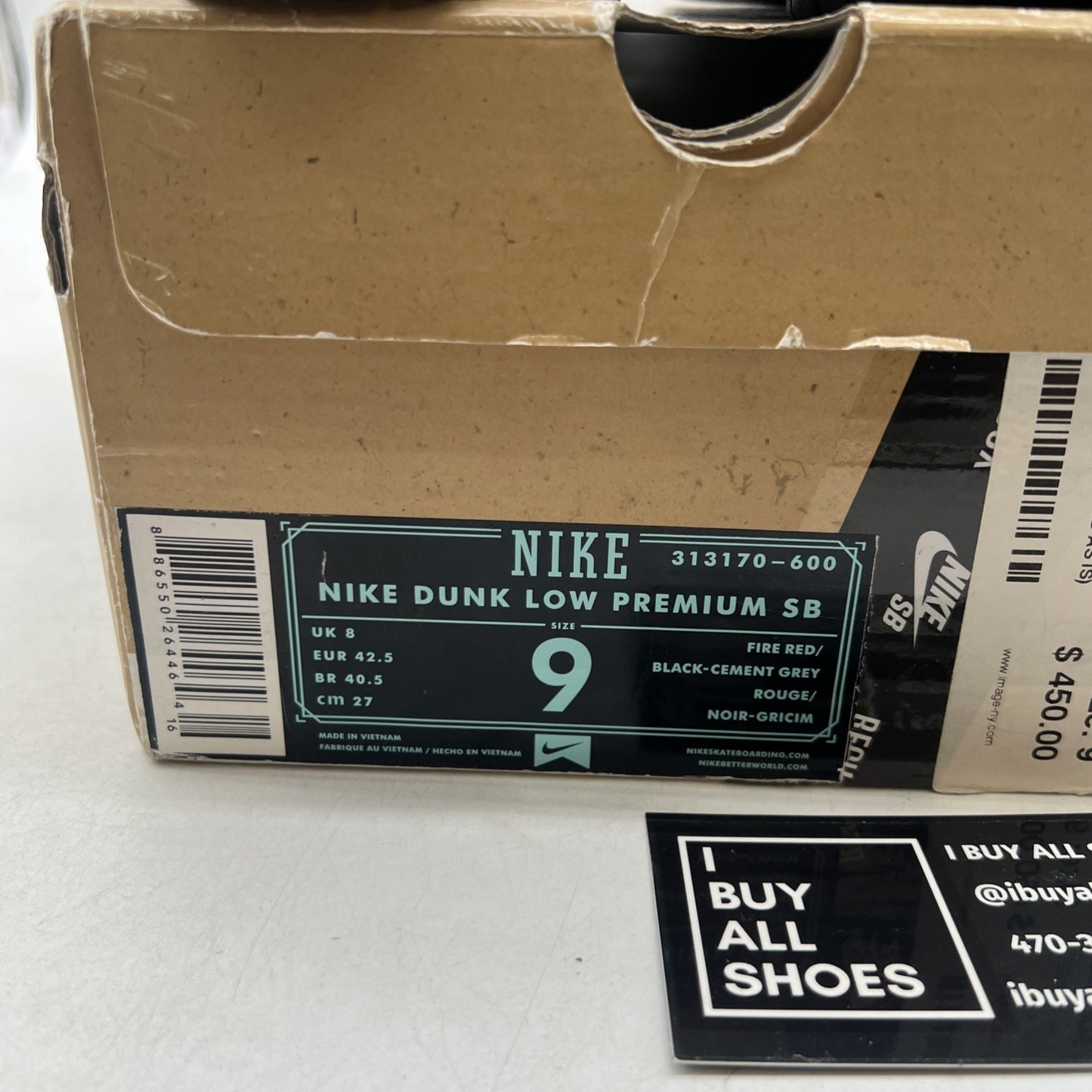 Size 9 - Nike Supreme x Dunk Premium SB Low Red Cement (313170-600)