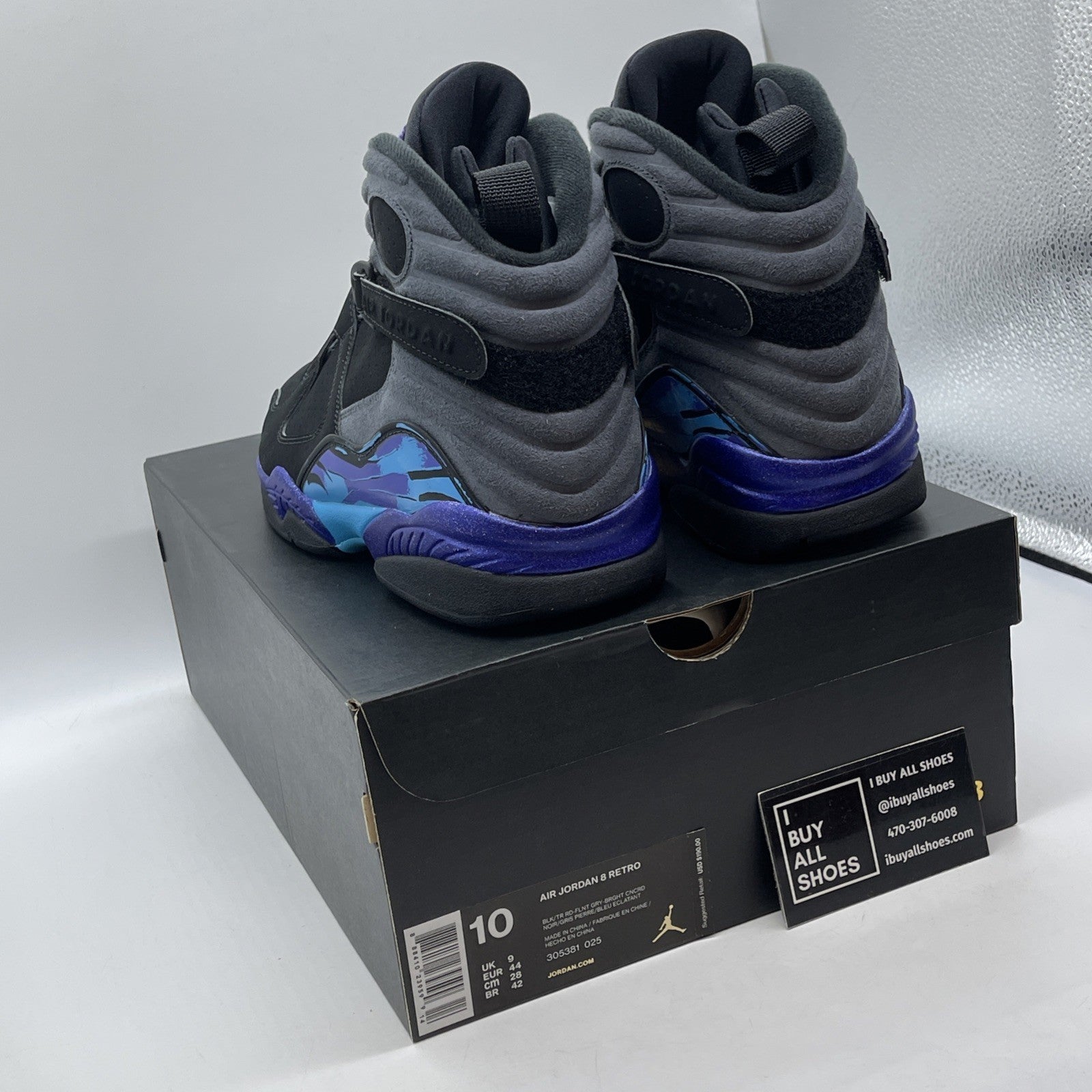 Size 10 - Jordan 8 Retro Aqua 2015 Black Grey Suede (305381-025)