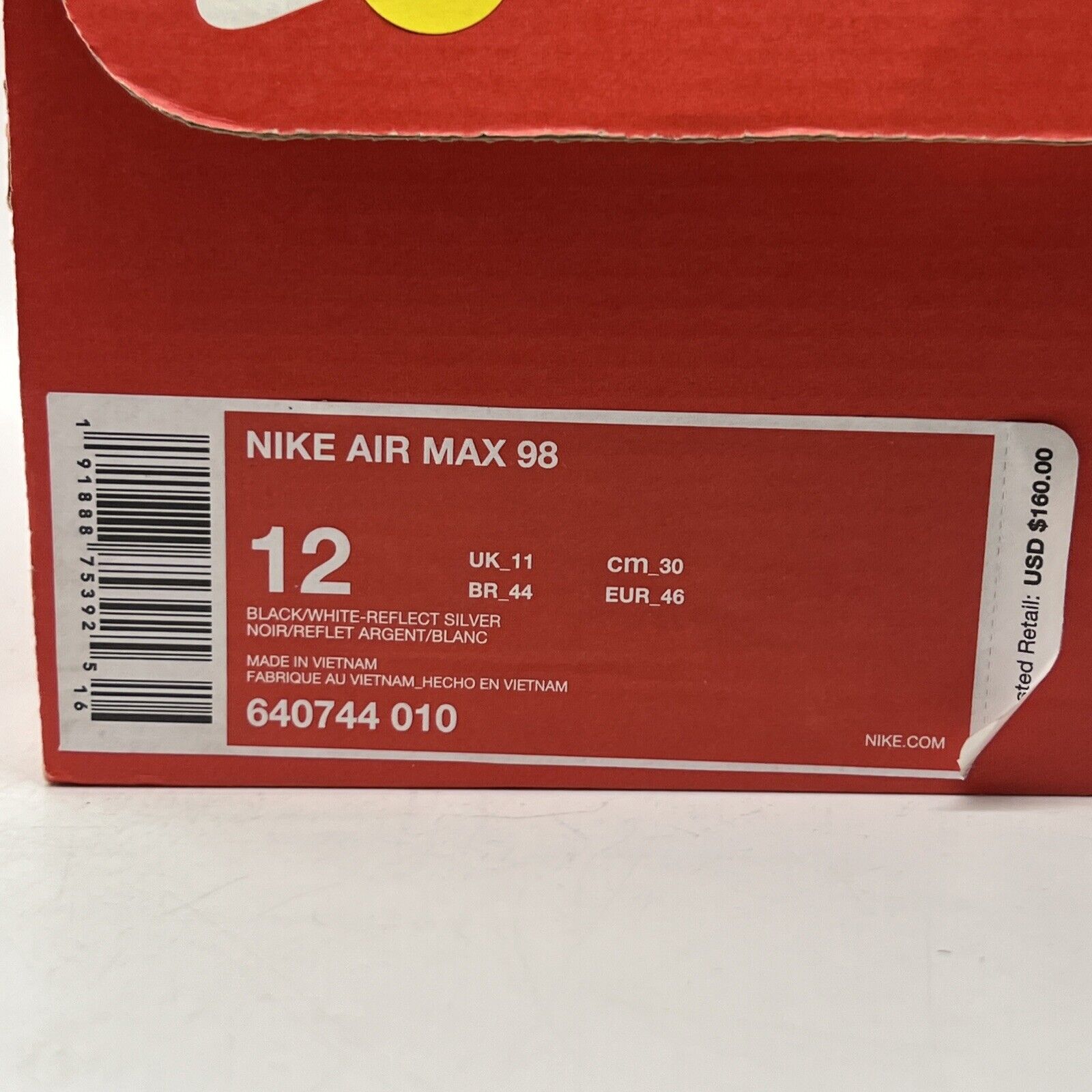 Size 12 - Nike Air Max 98 White Black (640744-010)