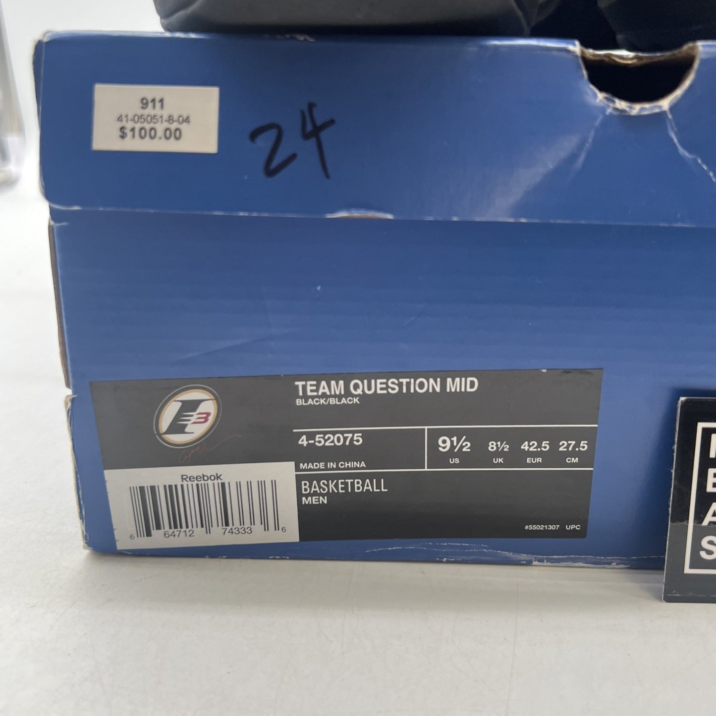 Size 9.5 - REEBOK QUESTION MID IVERSON BLACK/SILVER (4-52075)