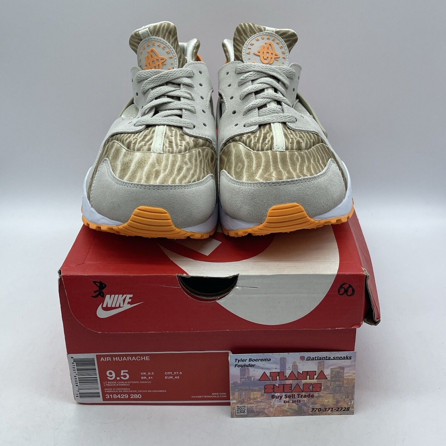 Size 9.5 - Nike Air Huarache Light Beige Chalk Brown Orange Suede (318429-280)