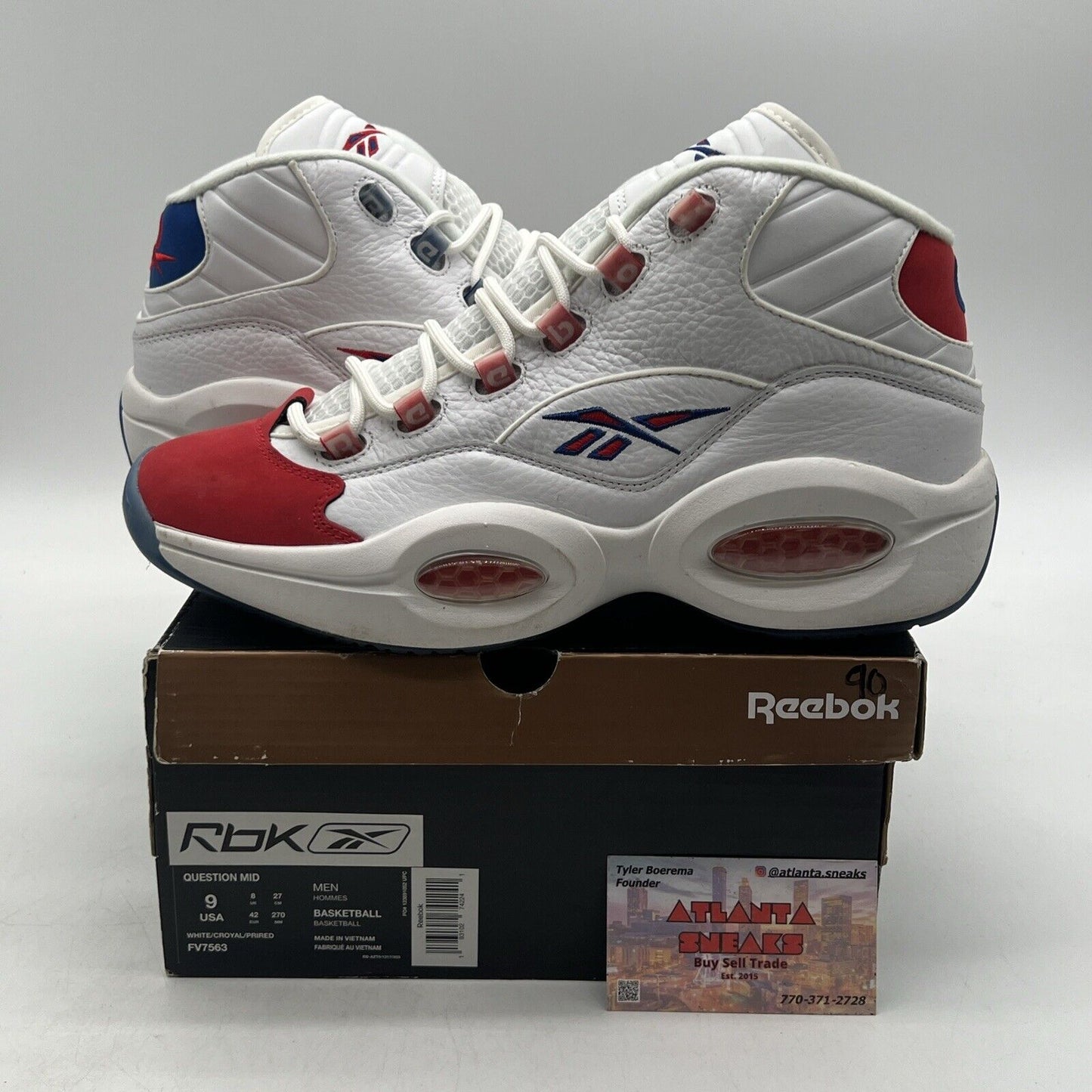 Size 9 - Reebok Question Mid Double Cross White Red Blue Leather (FV7563)