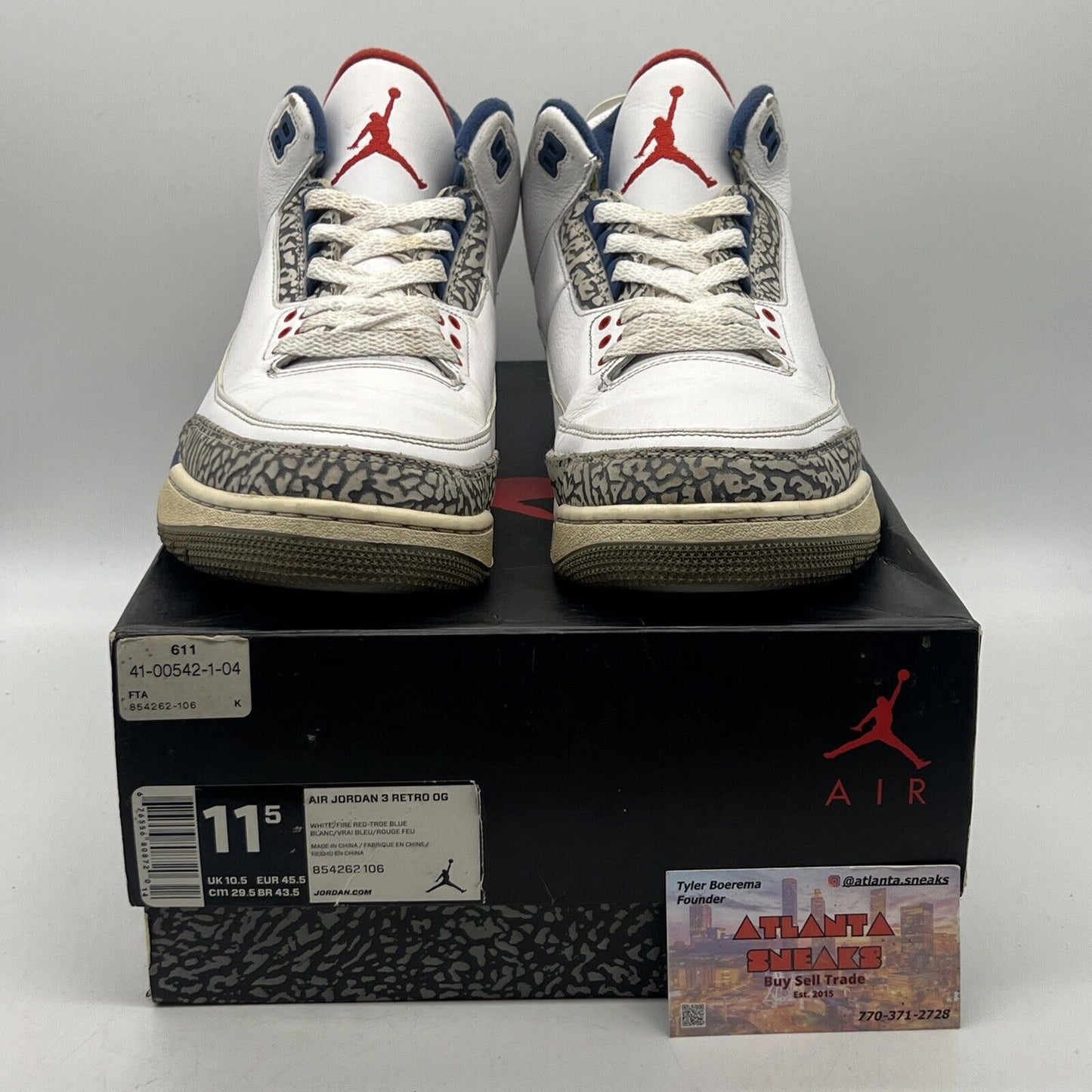 Size 11.5 - Jordan 3 Retro OG Mid True Blue White Blue Red Leather Used