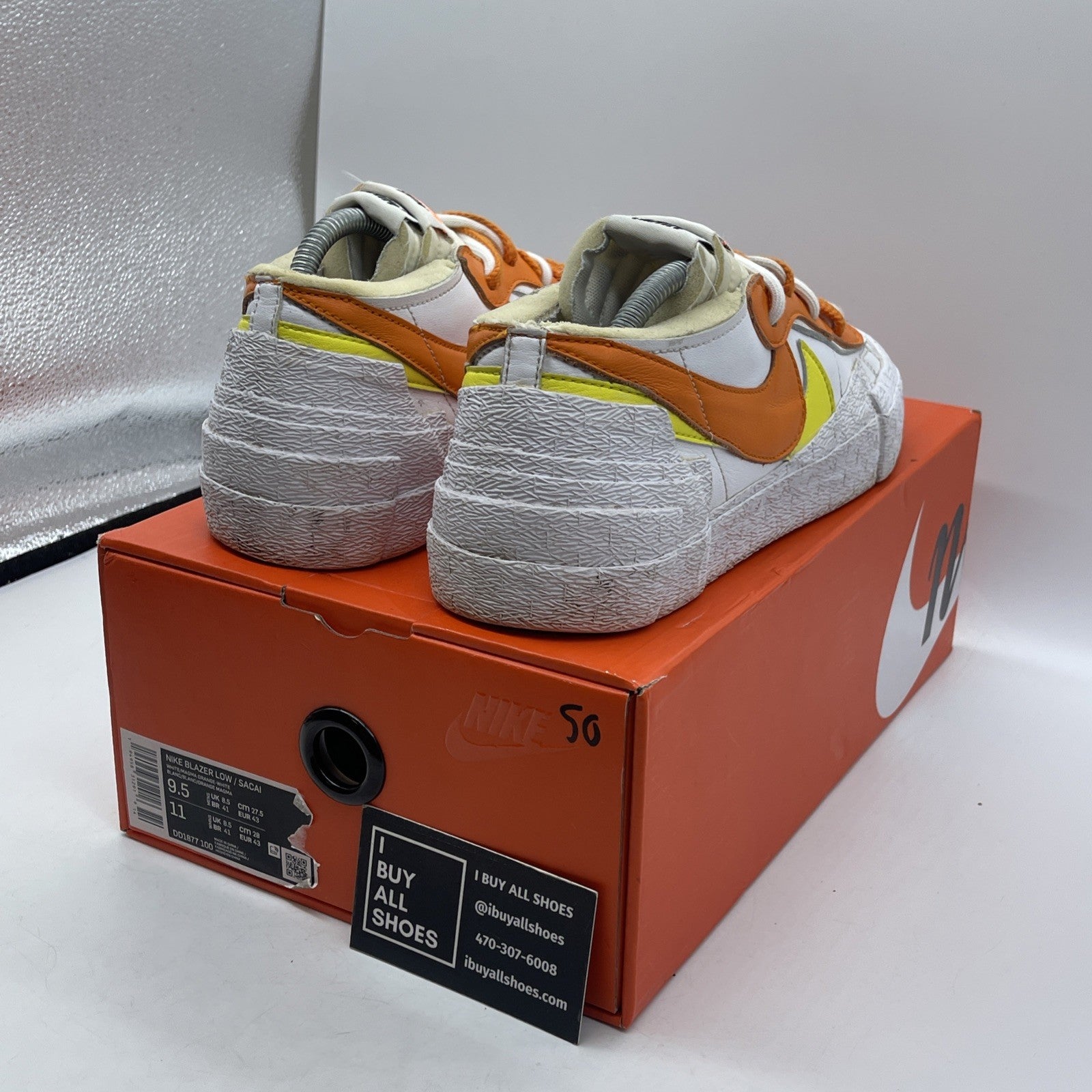 Size 9.5 - Nike sacai x Blazer Low Magma Orange White Leather (DD1877-100)