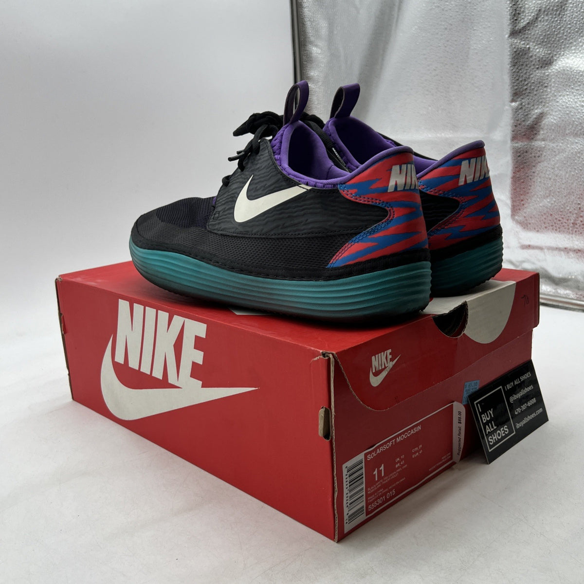 Size 11 - Nike Solarsoft Moccasin Black Turbo Green Purple (555301-015)