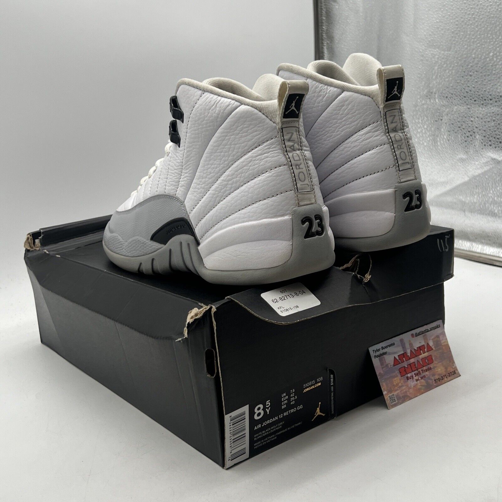 Size 8.5Y - Air Jordan 12 Wolf Grey White Black Leather (510825-108)