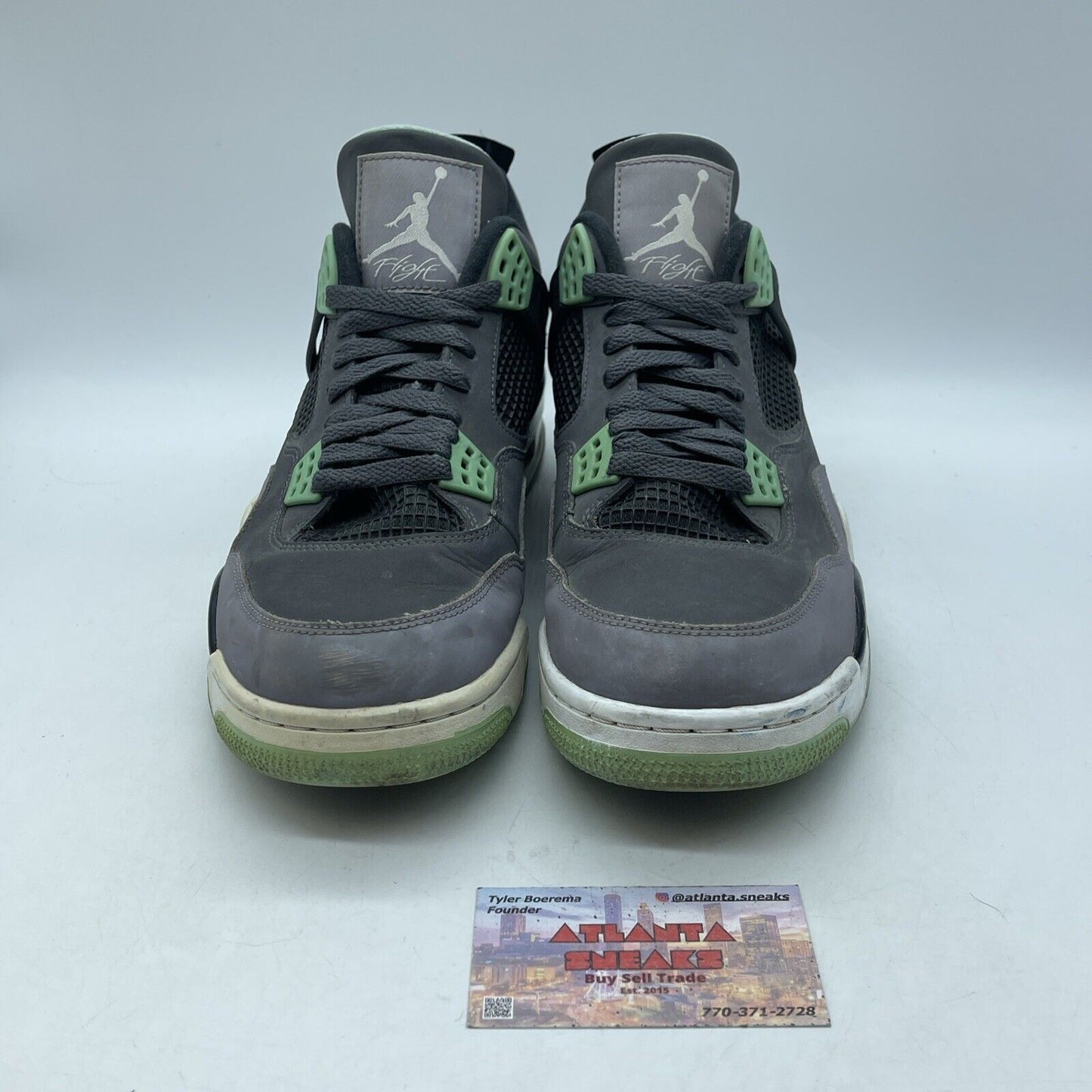 Size 10.5 - Jordan 4 Retro Green Glow Grey Suede Black Leather (308497-033)