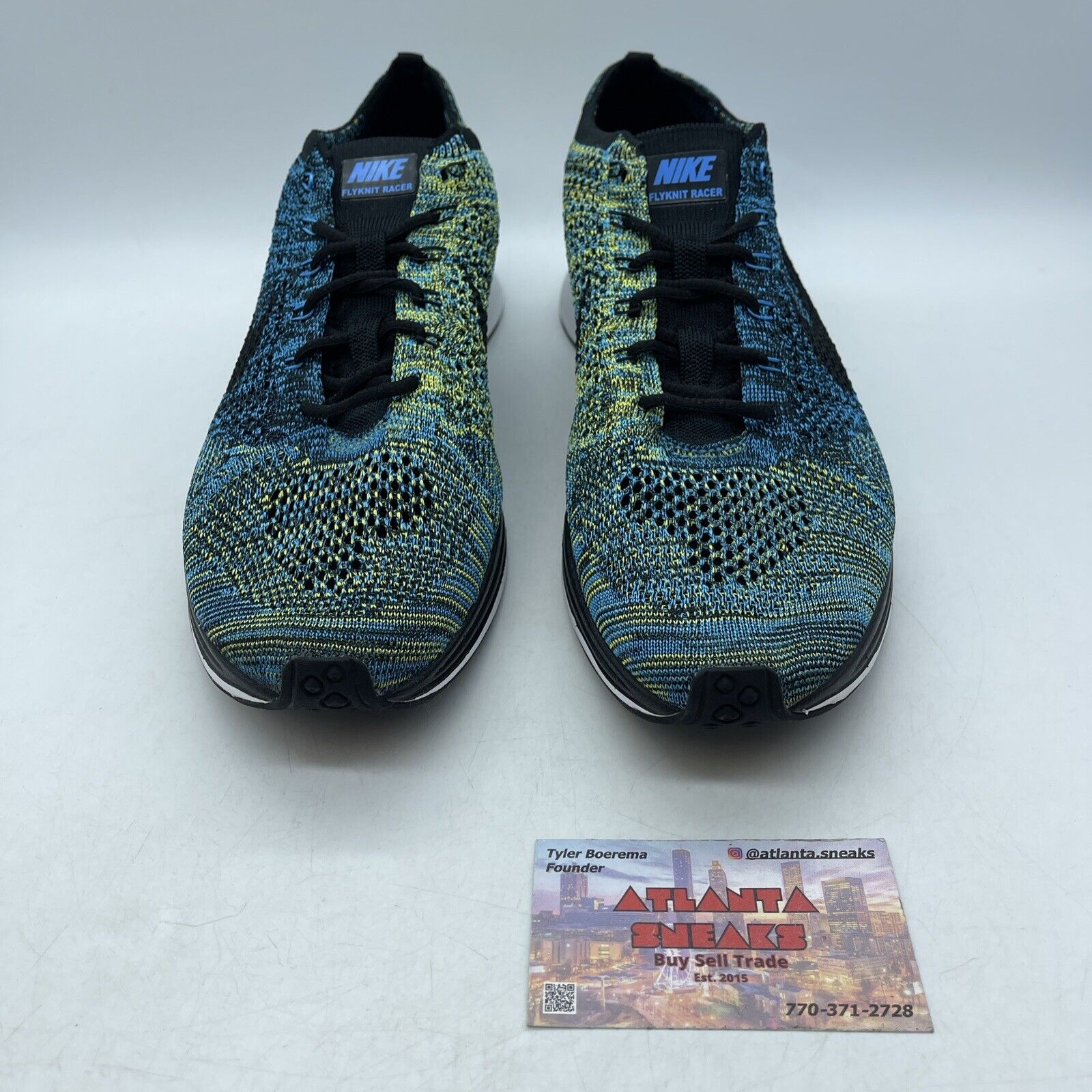Size 11 - Nike Flyknit Racer Blue Glow Green Blue White Yellow (526628-405)