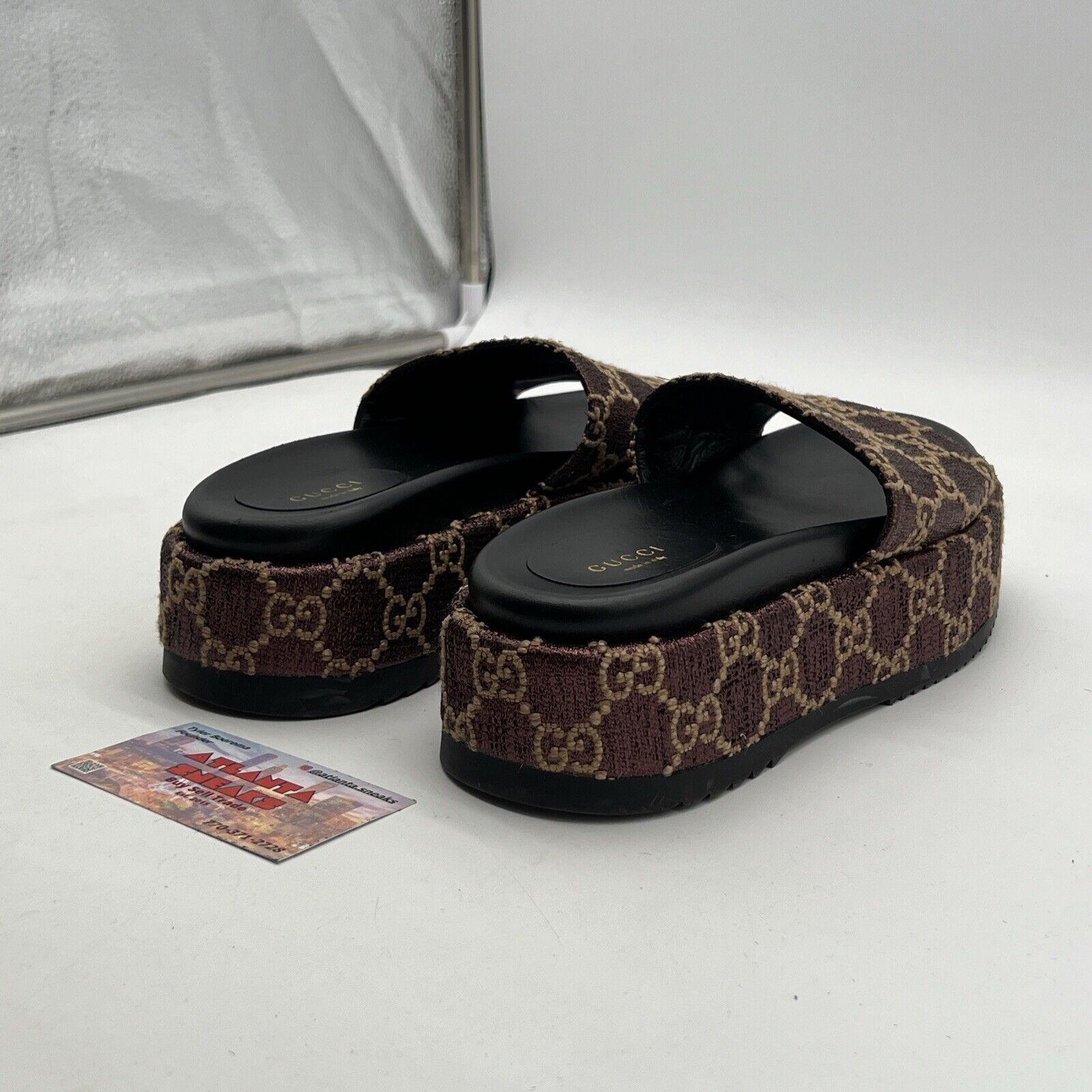 Size 9W - GUCCI Burgundy Lame Logo Angelina Platform Sandals