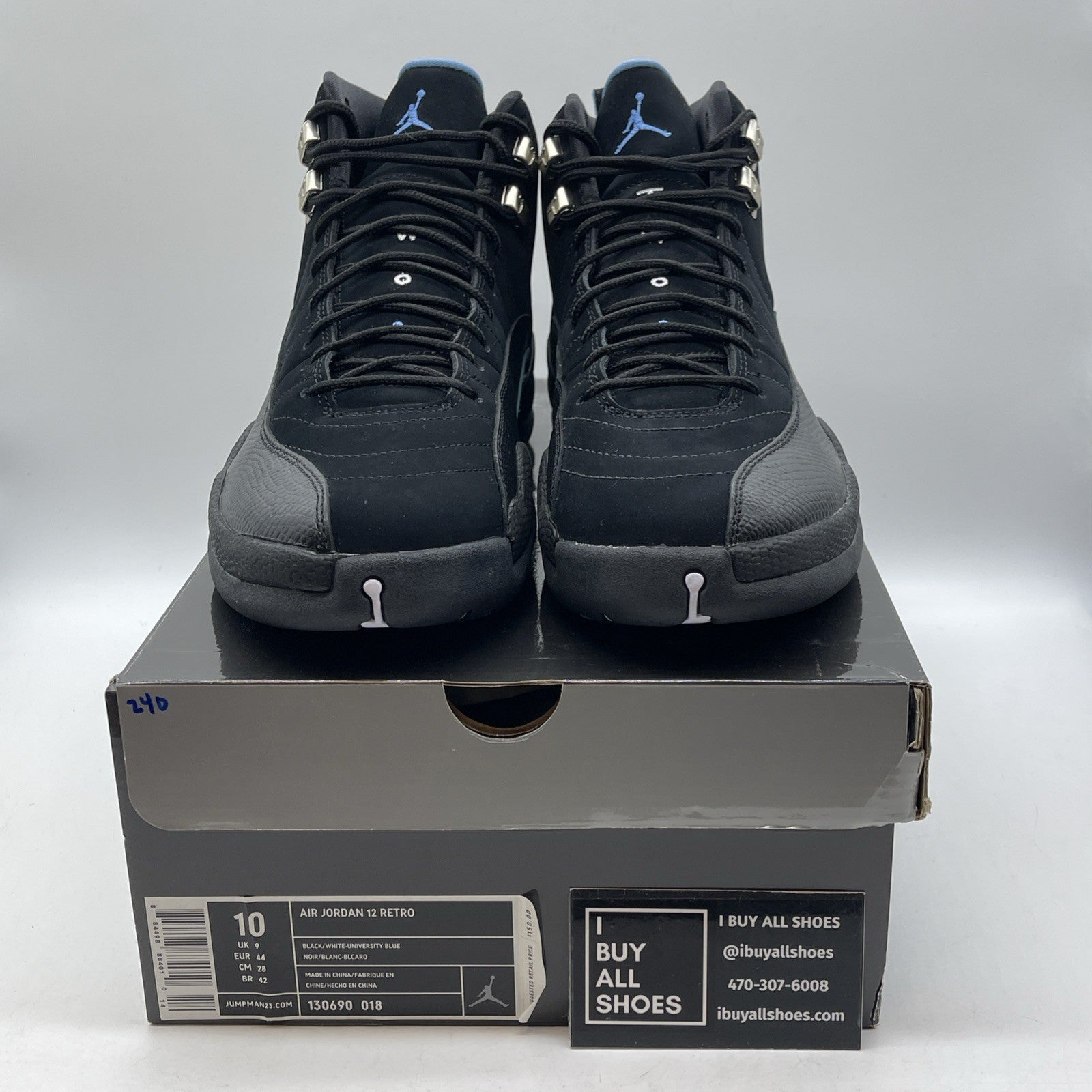 Size 10 - Air Jordan 12 Retro 2009 Nubuck Black Blue Suede (130690-018)