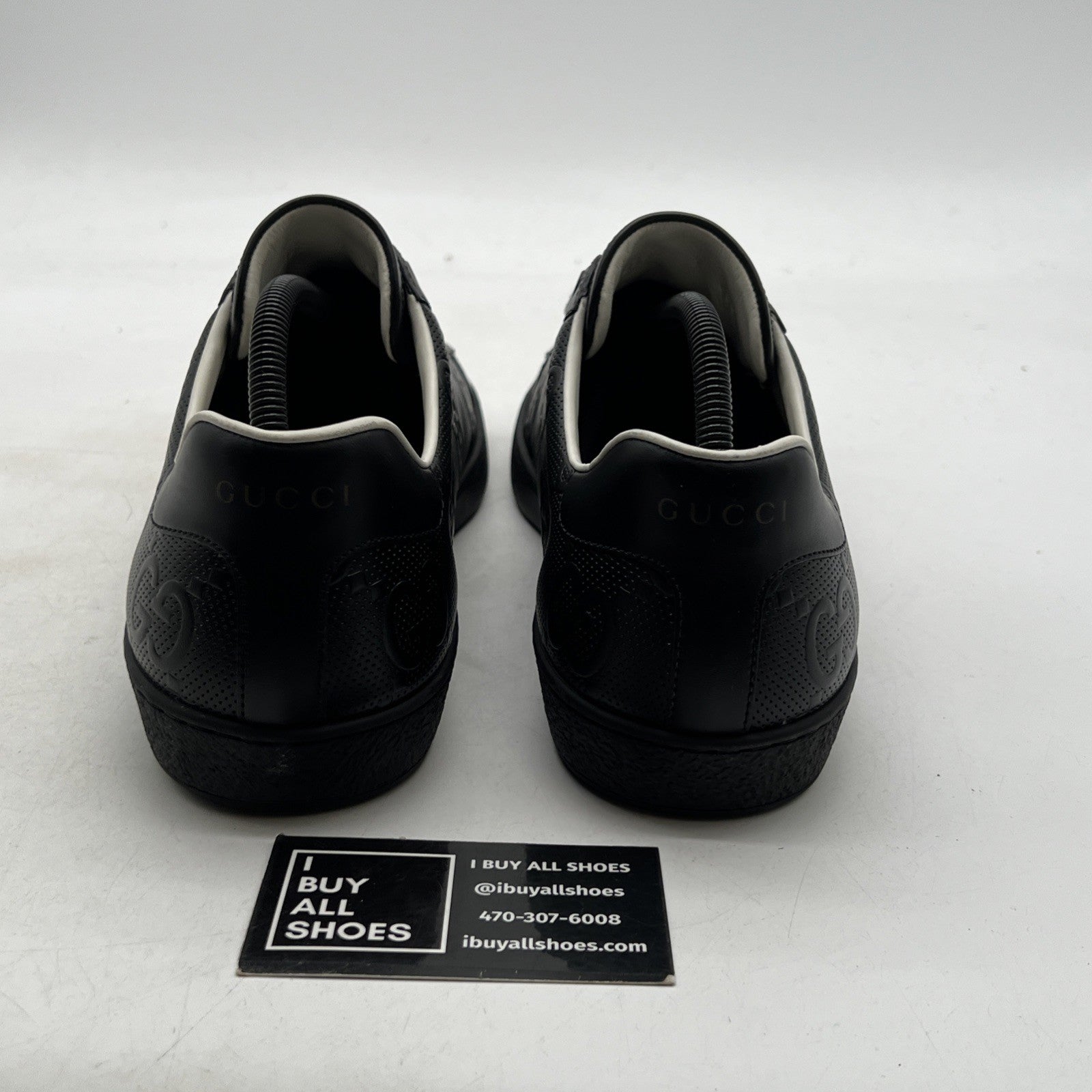 Size 9G - GUCCI ACE MEN'S BLACK LEATHER LOGO EMBOSSED SNEAKERS