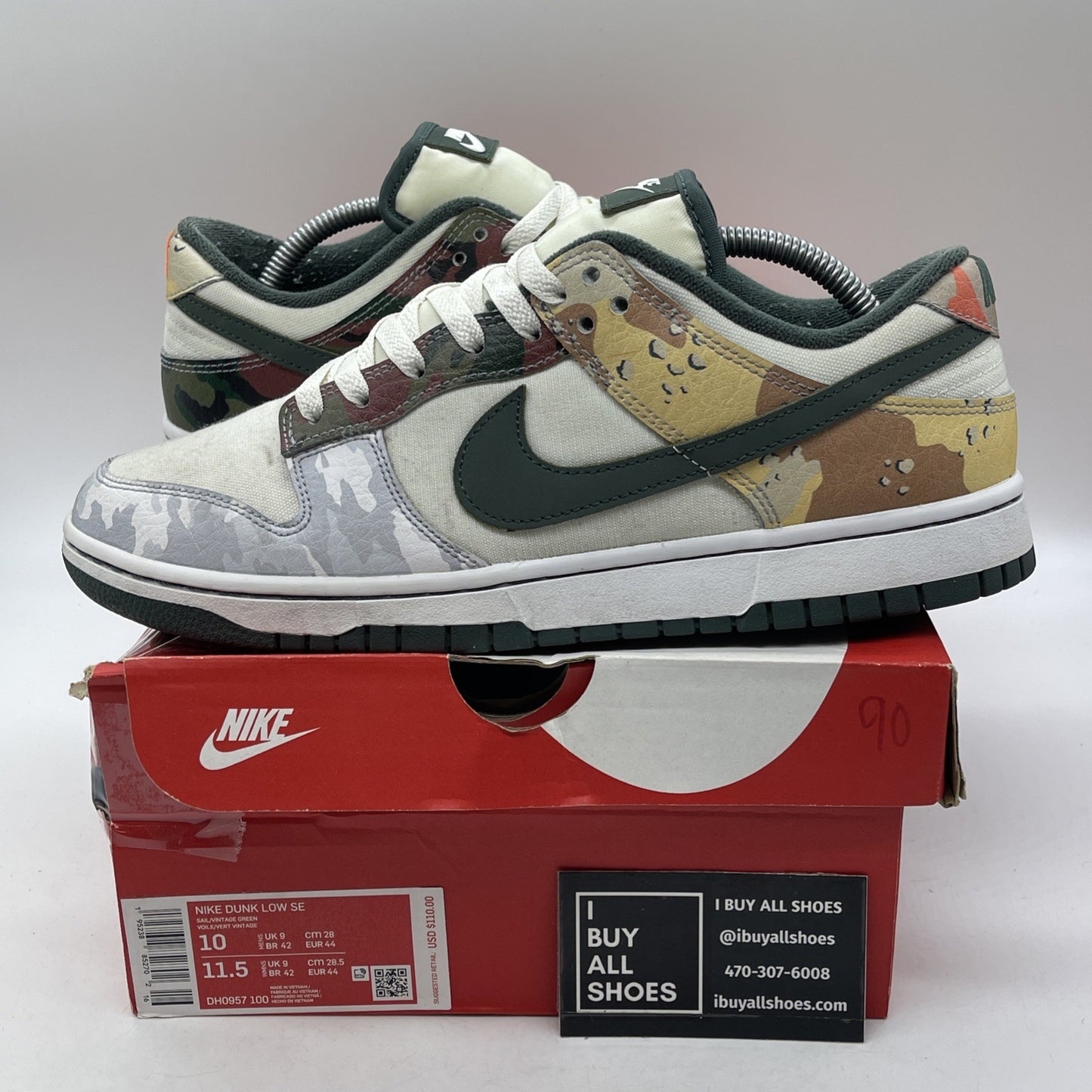 Size 10 - Nike Dunk SE Low Sail Multi-Camo Green Suede Leather (DH0957-100)