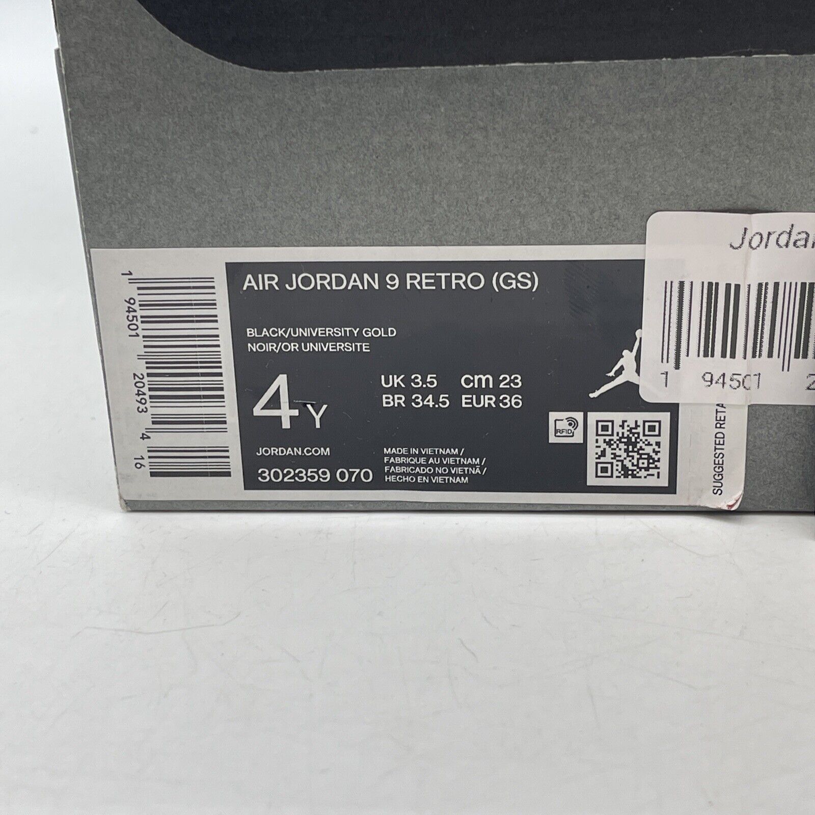 Size 4Y(GS) - Jordan 9 Retro Mid Dark Charcoal University Gold (302359-070)