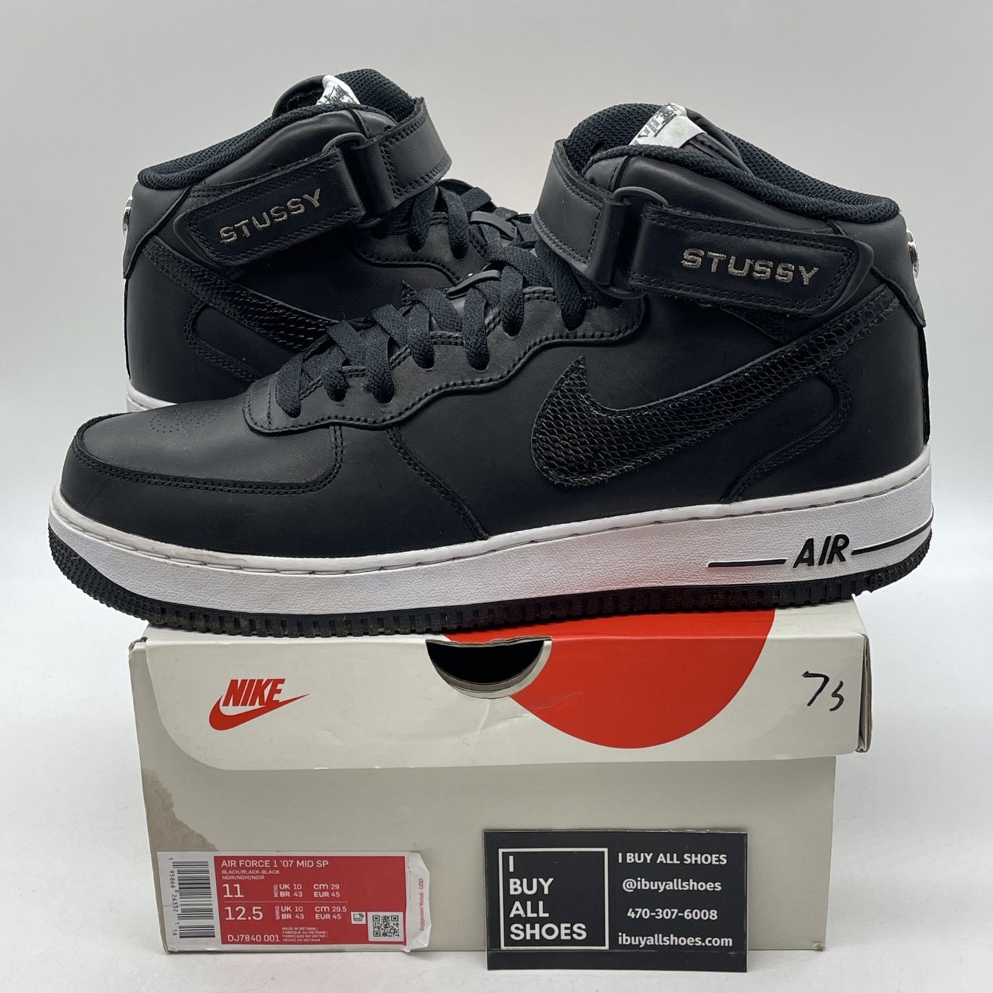 Size 11 - Nike Stussy x Air Force 1 Mid Black Snakeskin Leather (DJ7840-001)