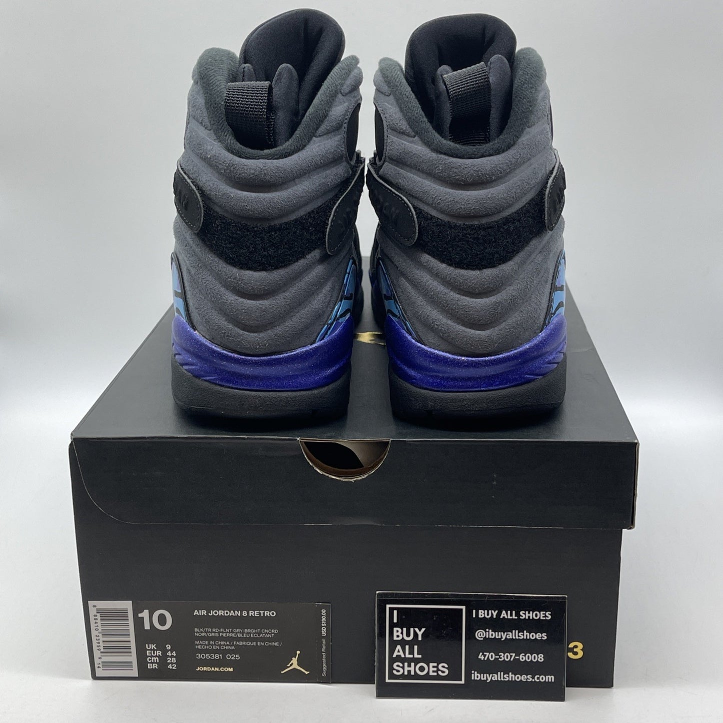 Size 10 - Jordan 8 Retro Aqua 2015 Black Grey Suede (305381-025)