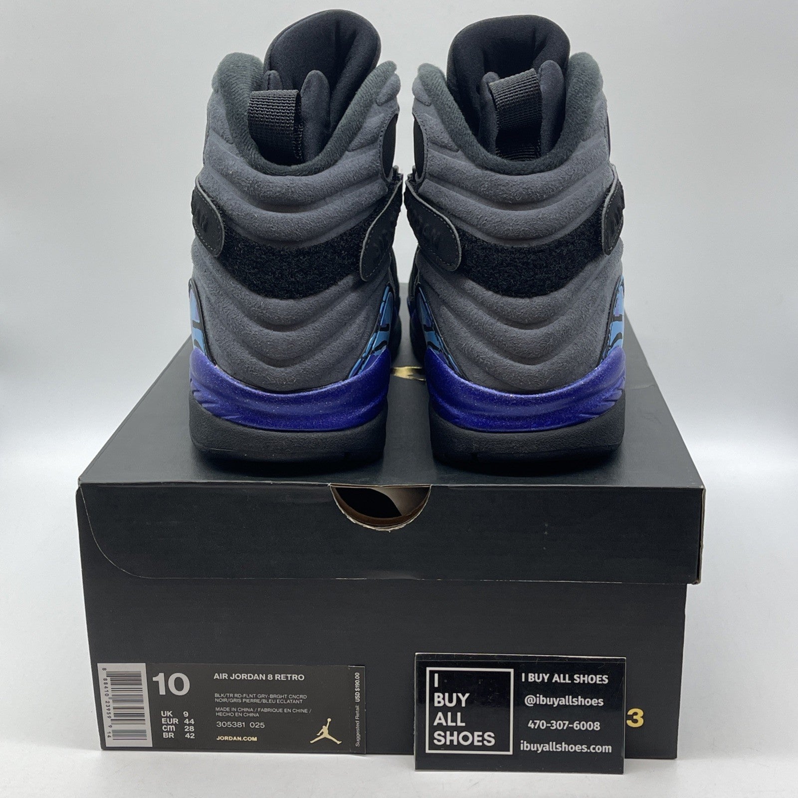 Size 10 - Jordan 8 Retro Aqua 2015 Black Grey Suede (305381-025)