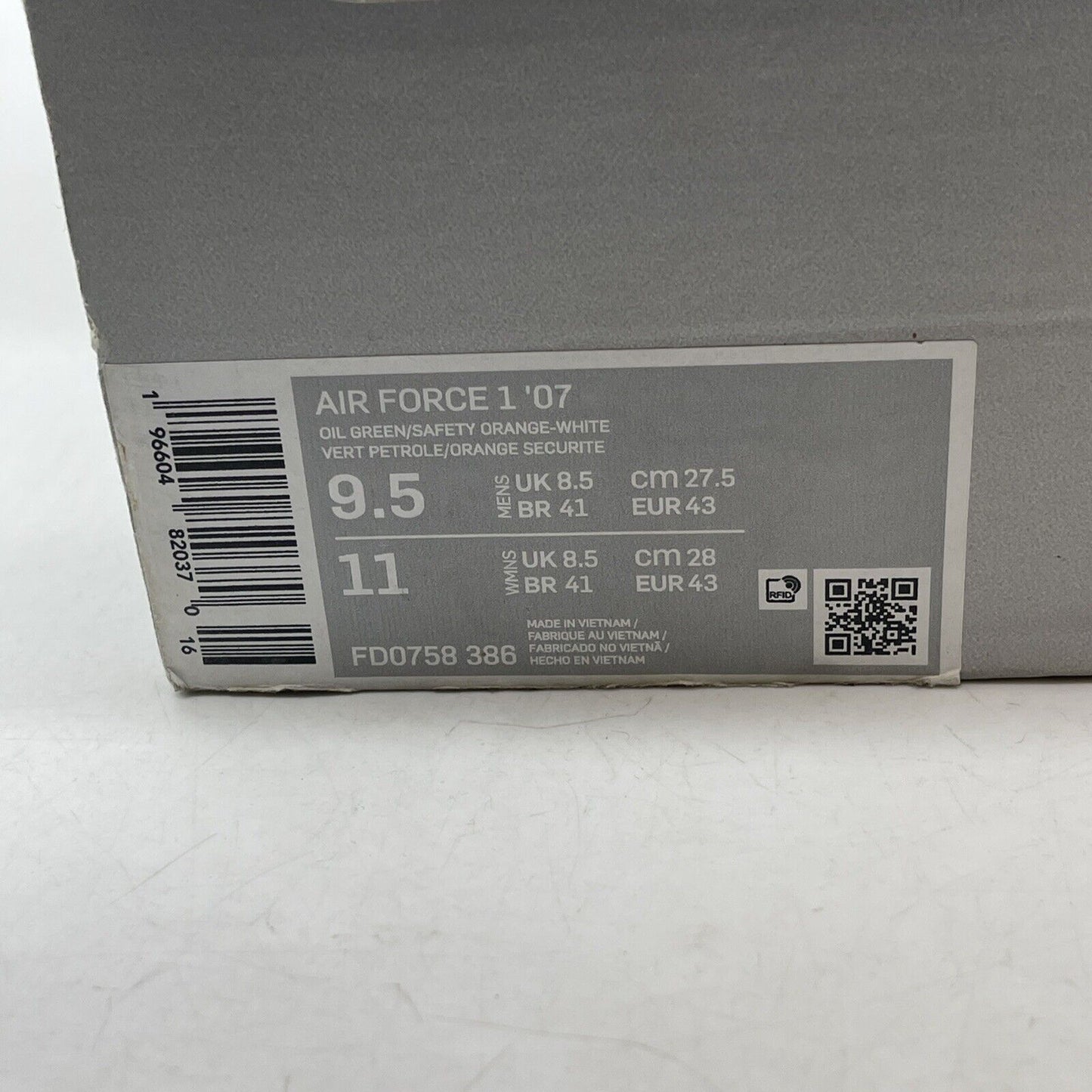Size 9.5 - Nike Air Force 1 '07 Oil Green Orange Suede Leather (FD0758-386)