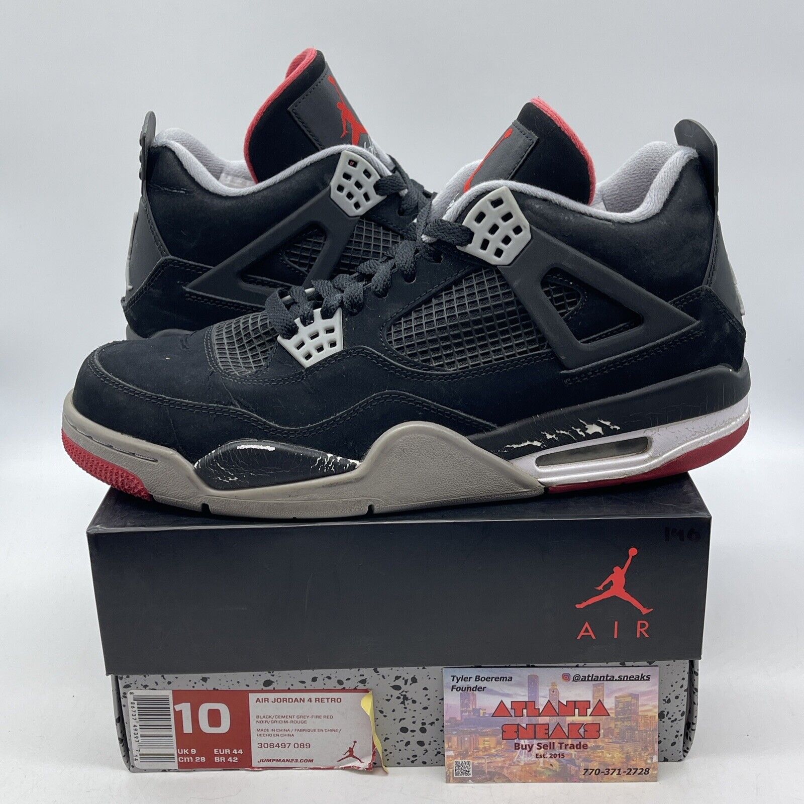 Size 10 - Jordan 4 Retro bred release 2012 Black Grey Suede Leather (308497-089)