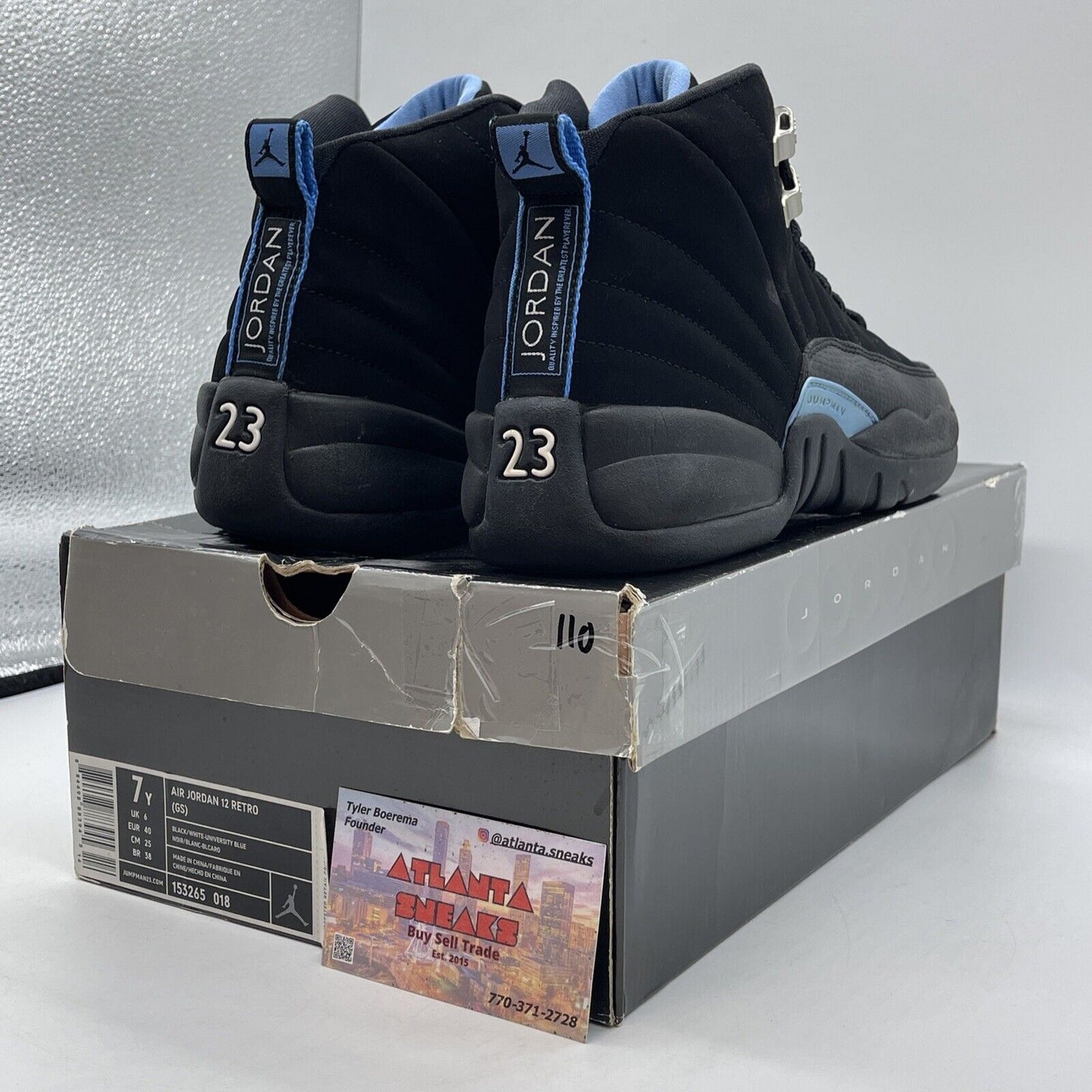 Size 7Y - Nike Air Jordan 12 Retro Nubuck Black Blue Suede Leather (153265-018)