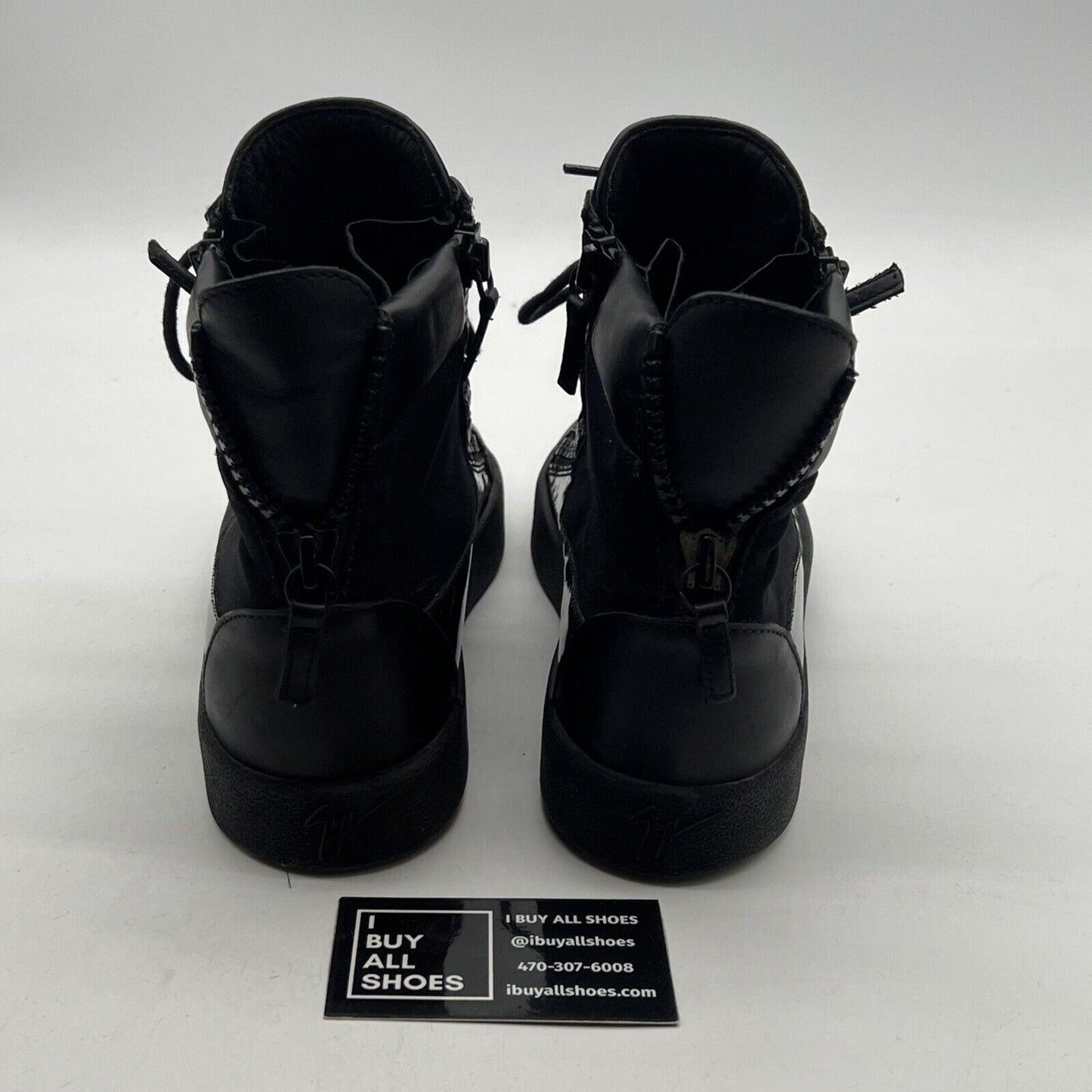 Size 10 - Giuseppe Zanotti Metal Signature Logo Black Leather High Top Sneaker