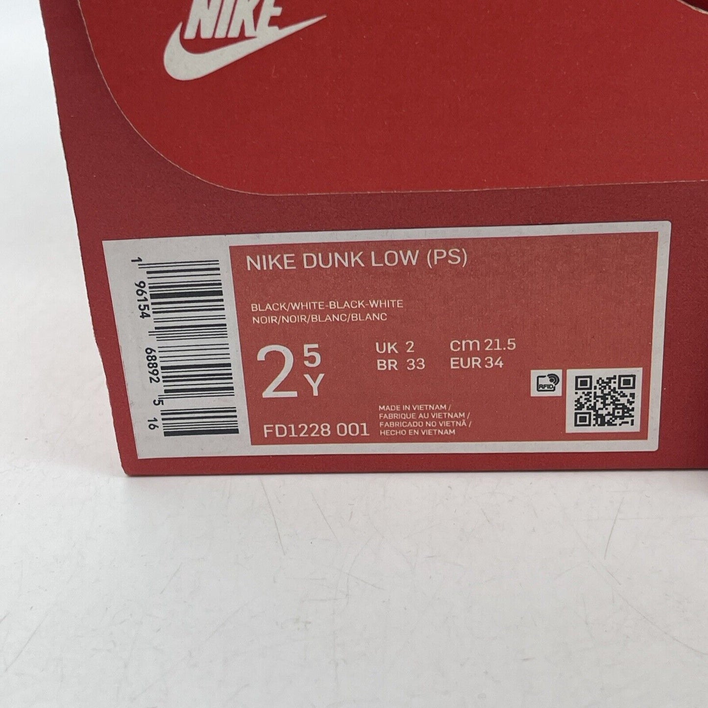Size 2.5Y - Nike Dunk Low Black Panda 2.0 White Leather (FD1228-001)